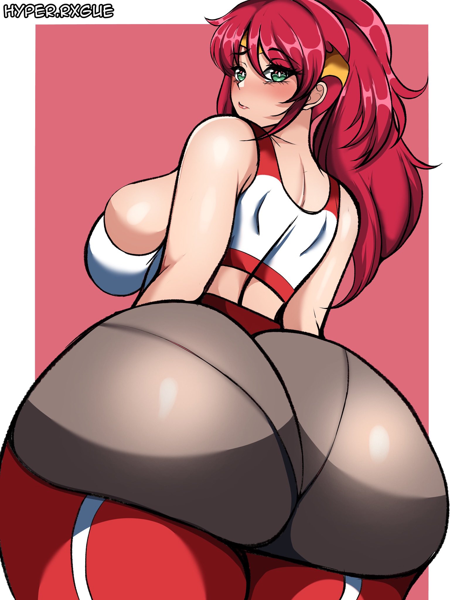 1girls, ass, big ass, big breasts, bottom heavy, breasts, clothing, crop top, fat ass, female, female only, gluteal fold, green eyes, gym clothes, huge ass, hyperrxgue, large ass, looking at viewer, looking back, massive ass, pants, pantylines, pyrrha nikos, red hair, rwby, sideboob, solo, thick ass, thick thighs, thunder thighs, wide hips, yoga pants