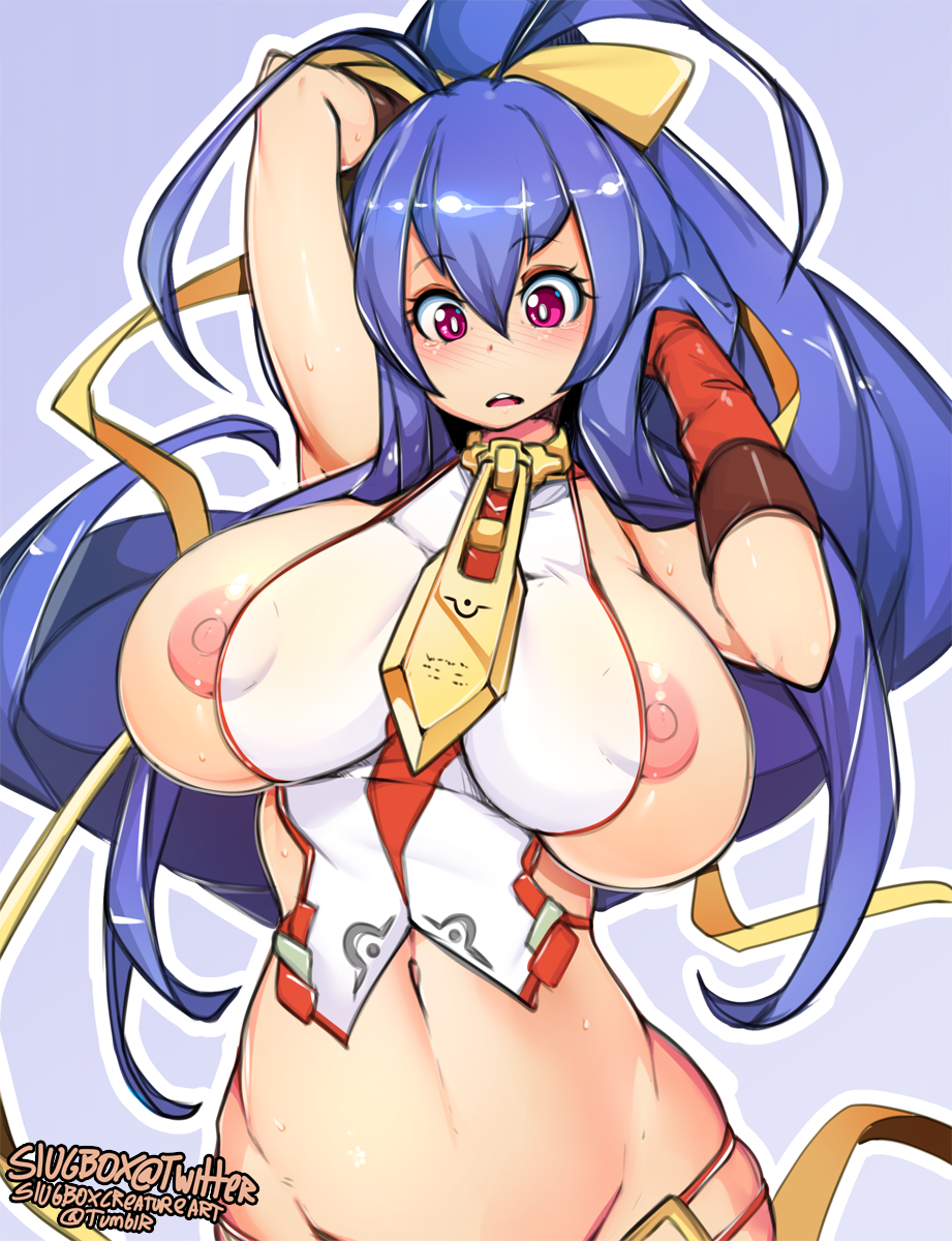 ahoge armpits backless_outfit bangs bare_shoulders blazblue blue_hair blush bow breast_slip breasts female female female_only gloves groin hair_between_eyes hair_ornament hair_ribbon hairbow halter_top halterneck hand_in_hair high_resolution holding holding_hair large_breasts long_hair looking_down lowleg lowleg_pants mai_natsume midriff navel nipple_slip nipples no_bra nopan one_arm_up pants pink_eyes ponytail purple_background purple_eyes red_gloves revealing_clothes ribbon sidelocks simple_background skindentation slugbox solo stomach surprised sweat thighs tied_hair very_long_hair weapon yellow_bow