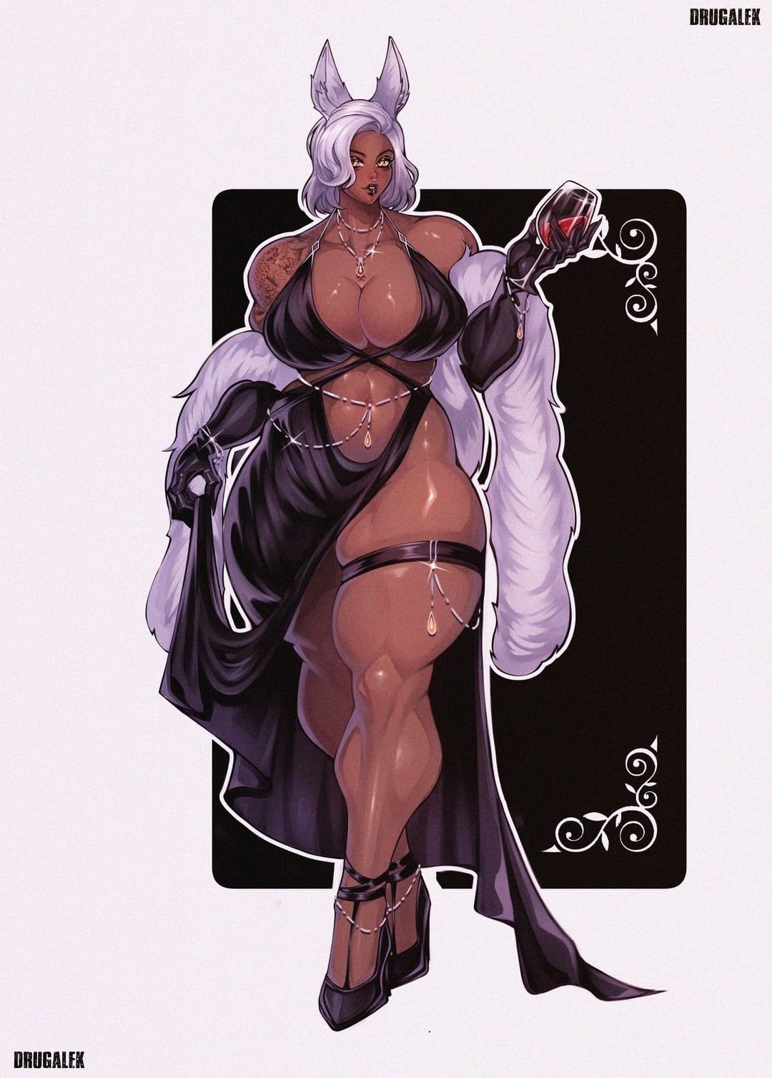 1girls, black dress, bunny ears, clothed, dark skin, dark-skinned female, dress, drugalek, female, female focus, female only, heels, milka01477, muscular, muscular arms, muscular female, muscular thighs, non nude, rabbit ears, rosa (drugalek), solo, solo female, solo focus, tattoo, white hair, wine, wine glass