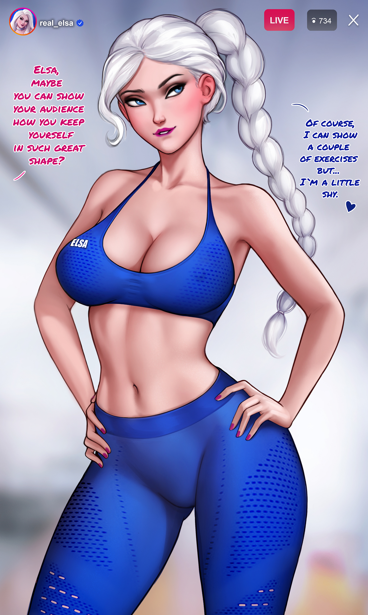 2020, 2girls, alternate breast size, anna (frozen), aroma sensei, artist name, big breasts, blue eyes, bra, breasts, cleavage, clothing, disney, elsa (frozen), english text, female, female only, frozen (film), hair, hourglass figure, instagram, large breasts, long hair, offscreen female, pants, posing, princess, solo, solo female, sports bra, sportswear, text, watermark, white hair, white skin, yoga pants