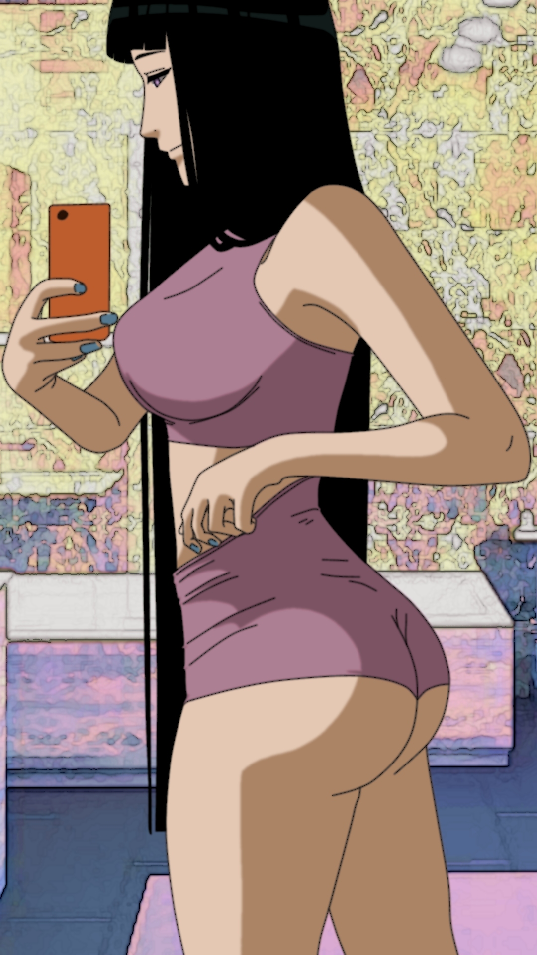 1girls, ass, ass focus, big ass, big butt, black hair, blue nails, cellphone, fat ass, female, female focus, female only, hyuuga hinata, hyuuga hinata (naruto: the last), light skin, light-skinned female, long hair, nail polish, naruto, naruto (series), naruto: the last, posing, purple eyes, selfie, shorts, skimpy, skimpy clothes, solo, taticomar