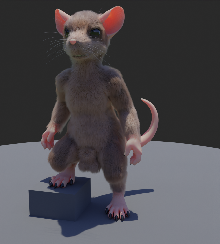 1boy 3d_(artwork) anamosus balls black_whiskers brown_eyes digital_media_(artwork) genitals grey_body grey_fur male mammal murid murine nude pink_ears pink_feet pink_hands pink_nose rat rodent sharp_teeth