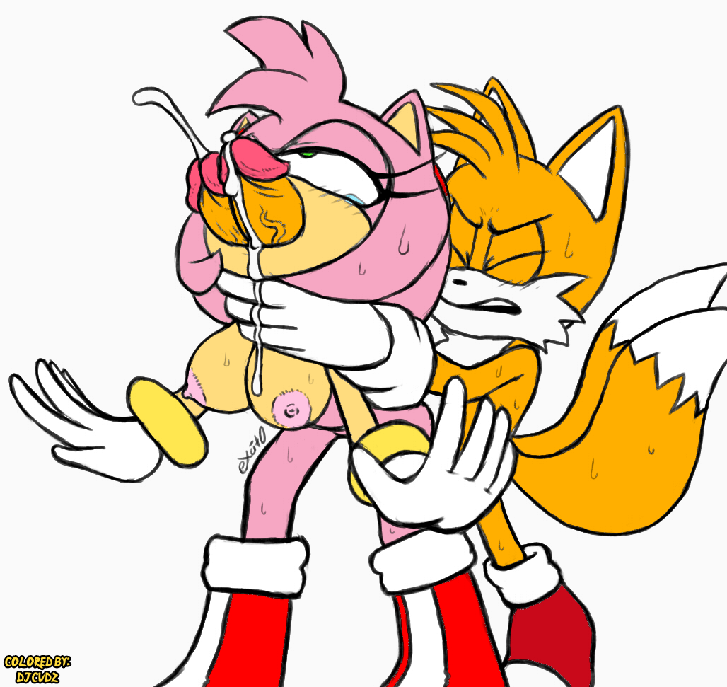 1boy, 1girls, all the way through, amy rose, bodily fluids, breasts, colored, cum, diphallia, diphallism, edit, excito, exposed torso, female, footwear, genital fluids, handwear, male, multi genitalia, multi penis, penis, sonic (series), straight, tails, tails the fox, third-party edit
