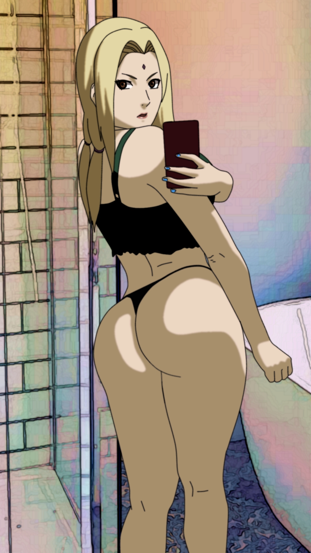 ass, black panties, black thong, blonde hair, cellphone, female, female only, naruto, naruto (series), naruto shippuden, panties, posing, selfie, smartphone, solo, taticomar, thong, tsunade