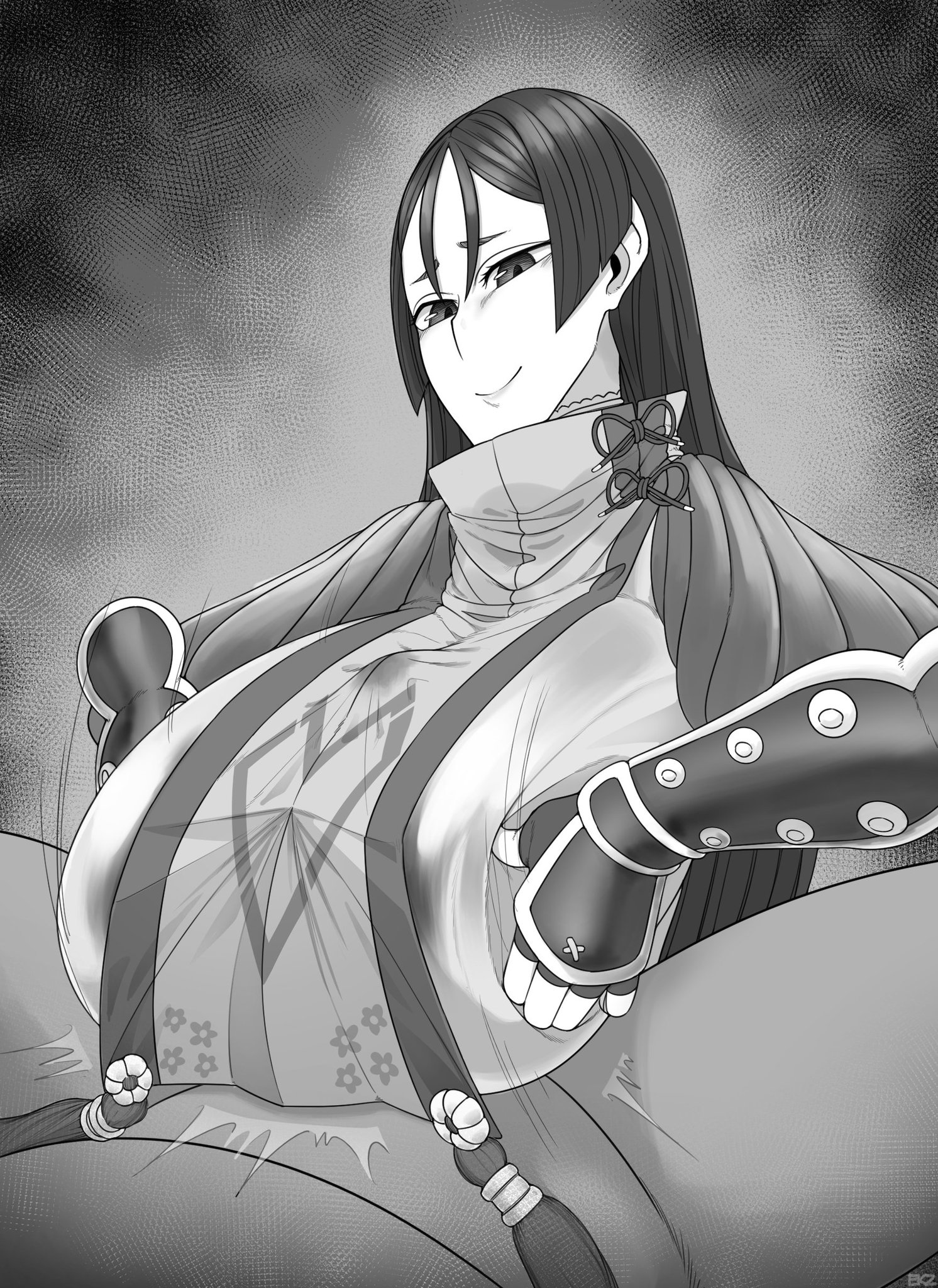 1boy, 1girls, breasts, clothed sex, cum, cum under clothes, ekz, fate (series), fate/grand order, female, male, minamoto no raikou (fate/grand order), monochrome, outercourse, paizuri, paizuri under clothes, precum, precum through clothing