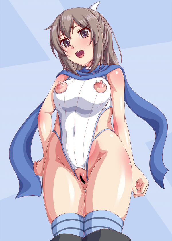 2020 armpit_crease bangs bare_arms bare_shoulders blue_background blue_legwear blue_scarf blush boots breasts brown_eyes brown_hair censored comp_ace covered_navel crotch_cutout crotchless embarrassed eyebrows_visible_through_hair feet_out_of_frame female from_below groin hair_ribbon hand_on_hip highleg highleg_leotard itai_no_wa_iya_nano_de_bougyoryoku_ni_kyokufuri_shitai_to_omoimasu leotard long_hair looking_at_viewer medium_breasts nipple_cutout nipples no_gloves no_jacket no_pants open_mouth ponytail puffy_nipples pussy pussy_juice ribbed_leotard ribbon sally_(bofuri) scarf shiny shiny_skin sidelocks silver_link_(studio) smile solo teeth tenrai_(temple) thighhighs thighhighs_under_boots thighs white_leotard