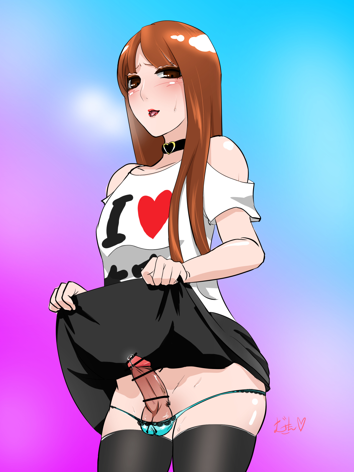 balls, balls bra, blush, brown hair, choker, femboy, long hair, male, male focus, male only, panties down, shirt, skirt, skirt lift, stockings, trap