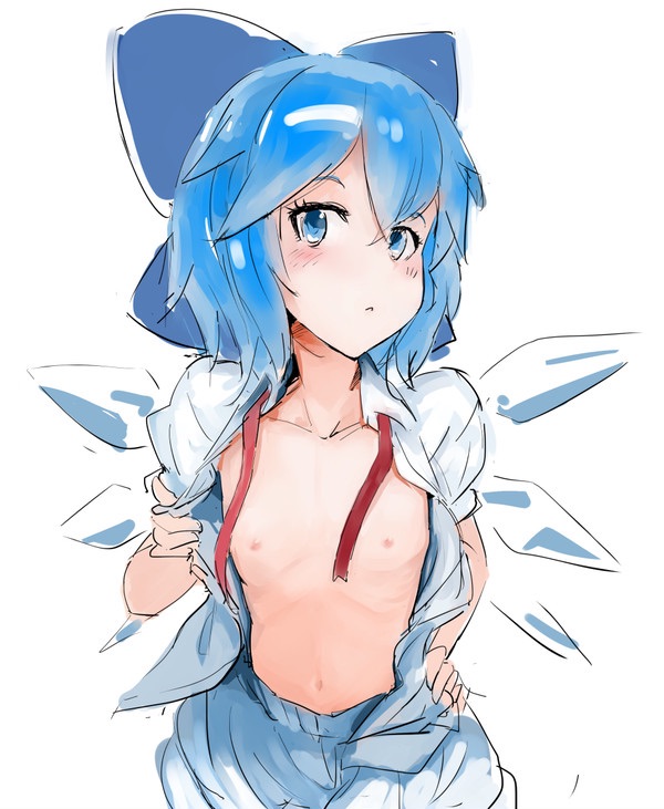 1girls, blue eyes, blue hair, bowtie, breasts, cirno, female, hair tie, ice wings, looking at viewer, nipples, tagme, touhou, wings