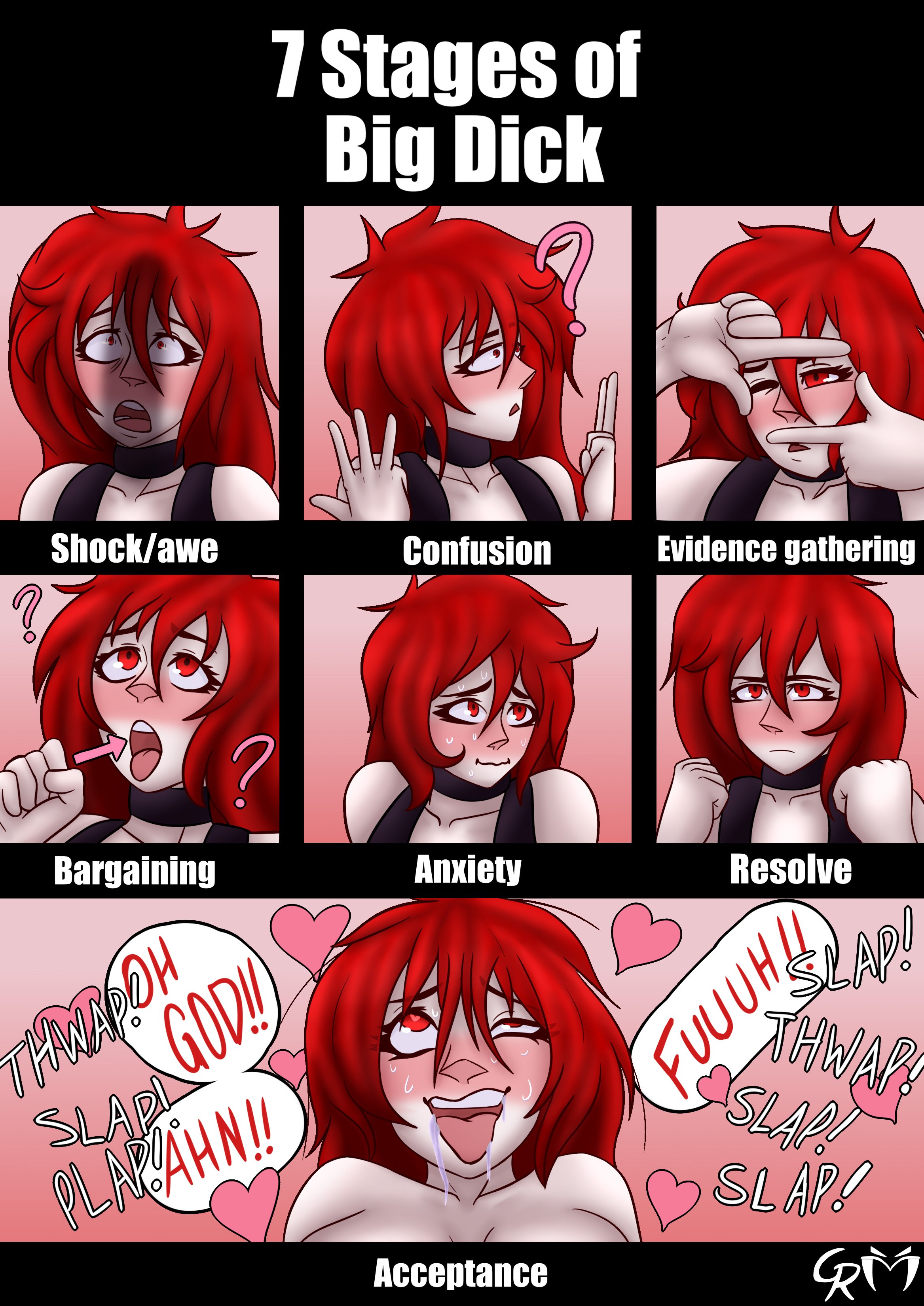 ?, 7 stages of big dick (meme), ahe gao, ambiguous penetration, biting lip, blush, breasts, character request, choker, comic, crimsonreapress, english text, female, fucked silly, male, meme, oral invitation, out-of-frame censoring, penis, penis awe, penis shadow, reaction chart, red eyes, red hair, rolling eyes, text