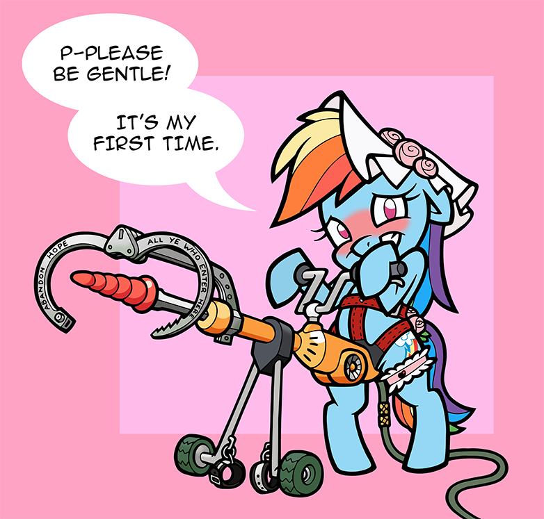 accessory blush bondage bridal_veil clamp dildo english_text equid equine female friendship_is_magic garter harness horse jackhammer mammal my_little_pony piston pony power_tool rainbow_dash_(mlp) sex_toy shackles straight_hair strap-on text tools toonbat