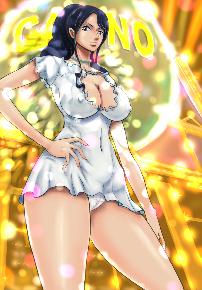 1girls, big breasts, black hair, black-haired female, breasts, cameltoe, casino, dress, erect nipples under clothes, female, female only, kakutou oukoku, minidress, nico robin, nipples, one piece, one piece film gold, pussy, silver dress, white panties