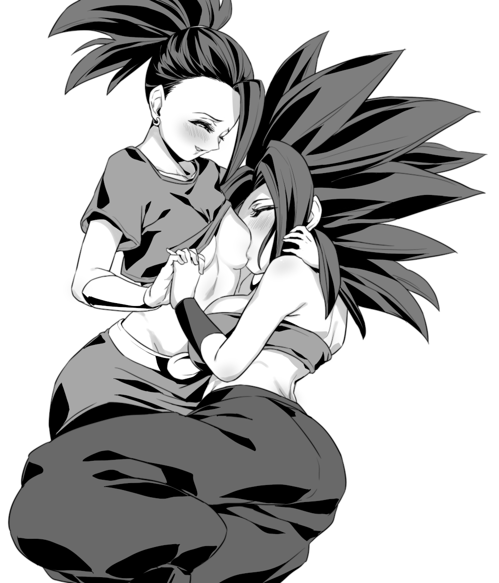 2girls, abs, ass, black eyes, black hair, breast sucking, breasts, caulifla, closed eyes, dragon ball, dragon ball super, female, female only, huge ass, huge breasts, kale, long hair, monochrome, multiple females, multiple girls, open mouth, rom, saiyan, shounen jump, spiky hair, yuri