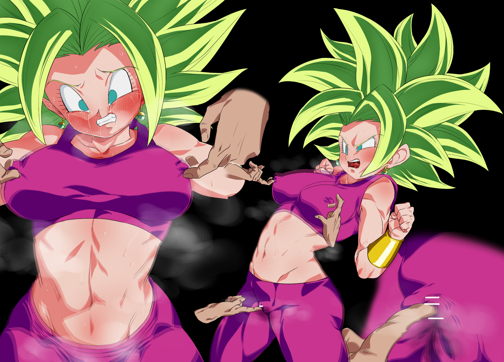 1girls, abs, ahe gao, breasts, cameltoe, clothed female, clothing, crying, dragon ball, dragon ball super, earrings, erect nipples, female, fingering, fusion, green hair, huge breasts, kefla, legendary super saiyan, leggings, light skin, light-skinned female, midriff, muscular, muscular female, nipple bulge, nipple tweak, nipples, nipples visible through clothing, open mouth, pink clothes, pink clothing, pokies, potara earrings, pussy, rom, saiyan, short hair, shounen jump, spiky hair, super saiyan, super saiyan 2, tight clothing, touching, wet