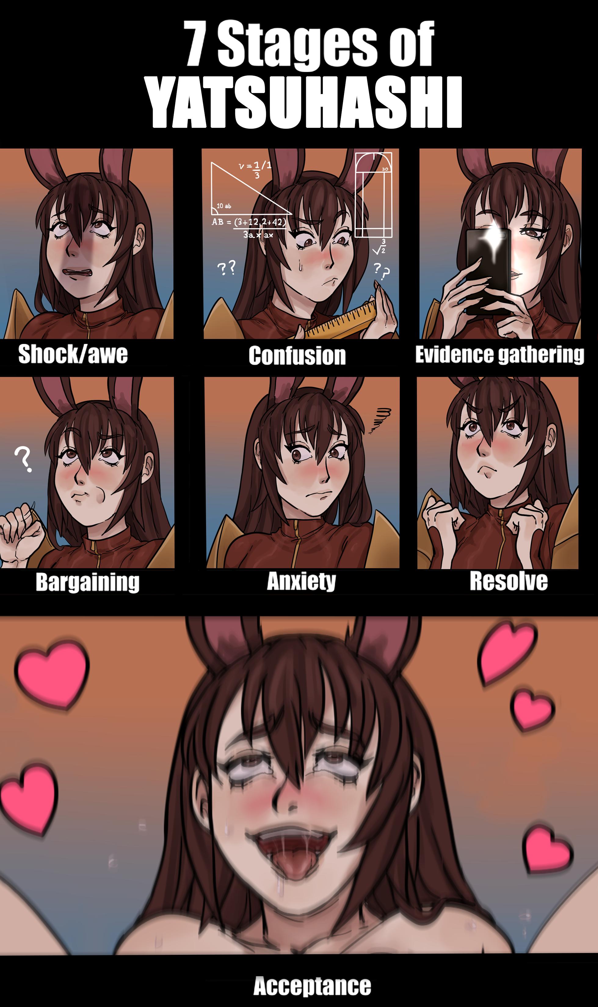 1girls, 7 stages of big dick (meme), ahe gao, blush, brown hair, bunny ears, comic, english text, female, fucked silly, funny, long hair, male, meme, oral invitation, out-of-frame censoring, penis, penis awe, penis shadow, quu-art, reaction chart, rwby, text, velvet scarlatina