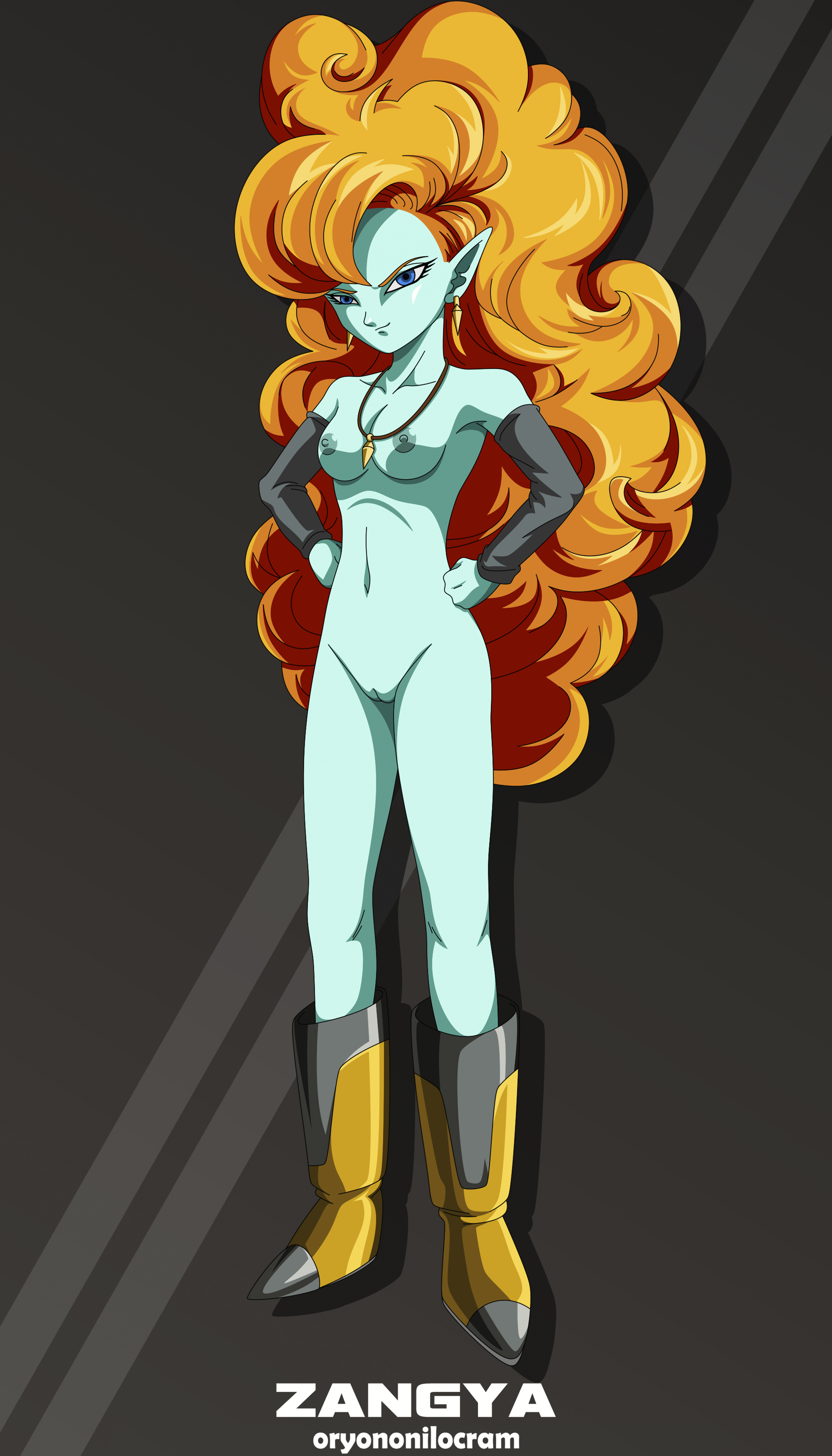 1girls, alien girl, belly button, blue eyes, blue skin, boots, breasts, closed mouth, curly hair, dragon ball, dragon ball z, earrings, erect nipples, female, hands on hips, humanoid, long hair, naked footwear, necklace, nipples, nude, nude female, orange hair, oryononilocram, pointy ears, pussy, race of hera, smile, solo, stomach, zangya