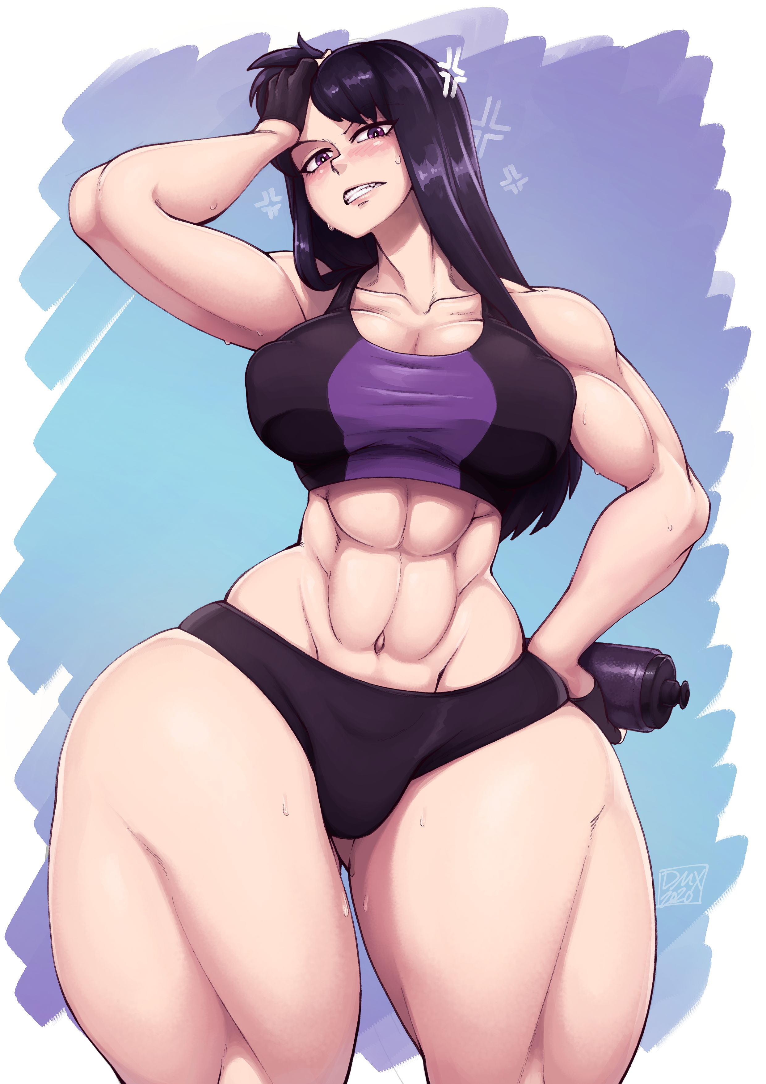 1girls, abs, adjusting hair, anger vein, angry, big breasts, bottom heavy, breasts, cleavage, collarbone, cropped legs, dmxwoops, female, female only, front view, gritted teeth, half-closed eyes, hand on hip, huge breasts, huge thighs, hyper thighs, large breasts, looking at viewer, midriff, muscles, muscular, muscular female, muscular thighs, naughty face, navel, purple eyes, purple hair, quadriceps, quads, seductive, shiny hair, shorts, six pack, solo, sports bra, sportswear, straight hair, thick thighs, thigh gap, wide hips