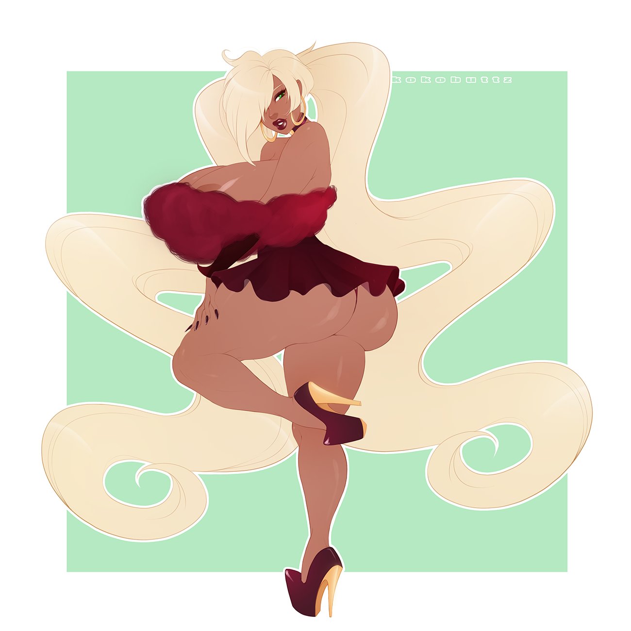 1girls, ass, bewitching thighs, big ass, blonde hair, breasts, cleavage, dark skin, dark-skinned female, female, female only, high heels, hoop earrings, huge breasts, kokobuttz, long hair, looking at viewer, looking back, platform heels, red dress, solo, twintails, very long hair