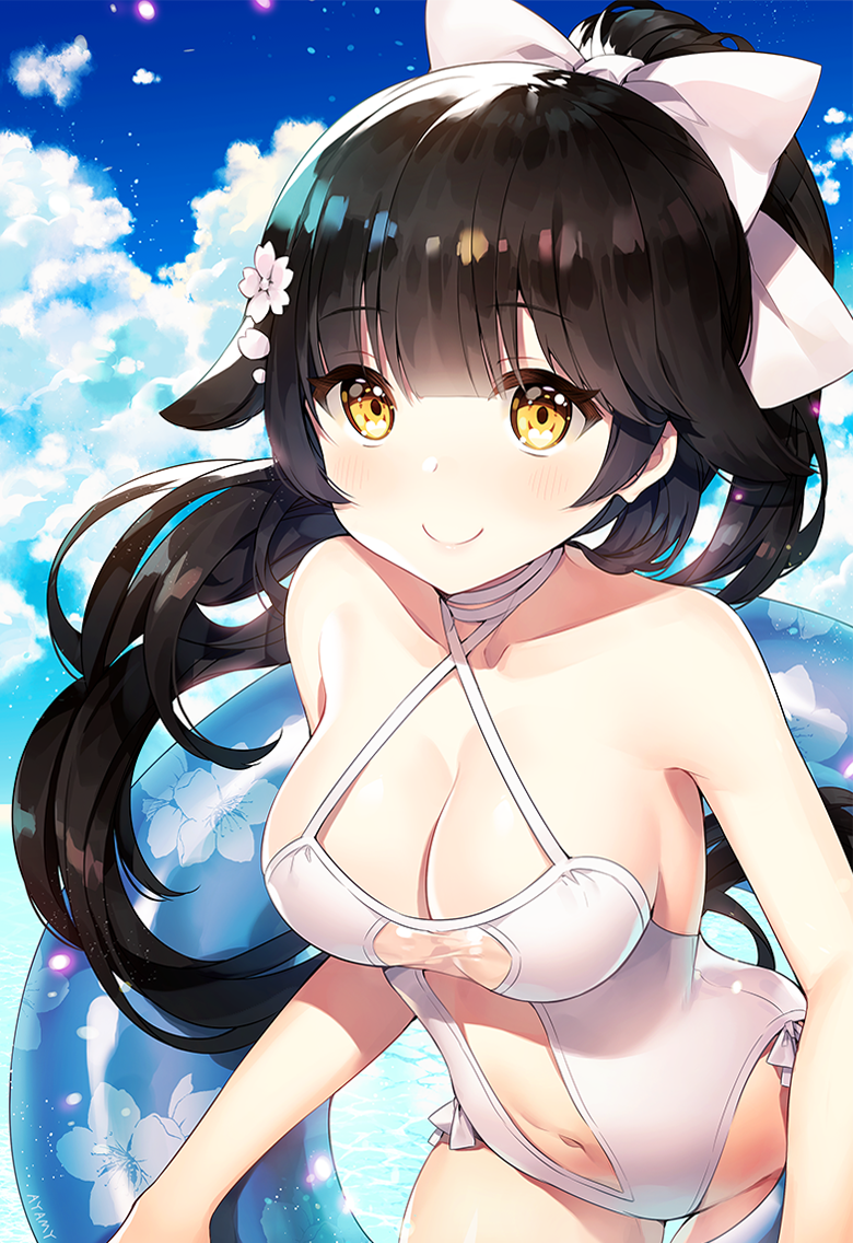 artist_name ayami ayami_(annahibi) ayamy azur_lane black_hair blue_sky bow breasts brown_eyes casual_one-piece_swimsuit cleavage cloud criss-cross_halter day female hair_flaps hair_ornament hairbow halter_top halterneck innertube large_breasts leaning_forward long_hair navel_cutout ocean one-piece_swimsuit outdoors ponytail ribbon sky smile solo swimsuit takao_(azur_lane) takao_(beach_rhapsody)_(azur_lane) tied_hair water white_bow white_ribbon white_swimsuit