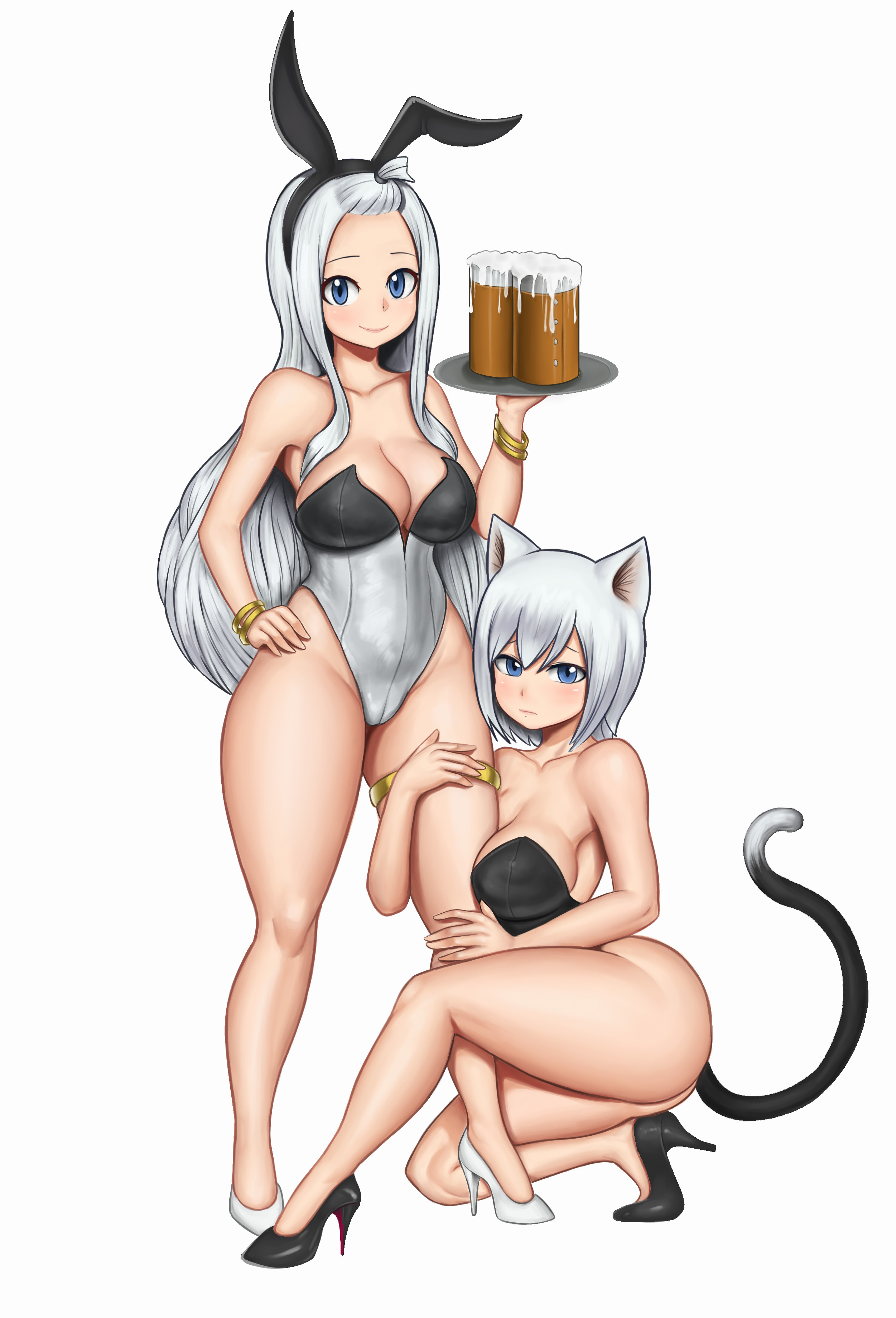 2girls, ass, enenra, fairy tail, female, female only, large ass, lisanna strauss, looking at viewer, mirajane strauss, sisters, thick thighs, white hair, white-haired female