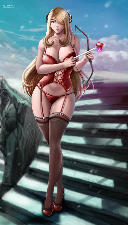 1girls, alluring, alternate breast size, alternate outfit, big breasts, breasts, cleavage, cynthia (pokemon), deviantart, female, female only, flowerxl, hair over one eye, half-closed eyes, human, human only, large breasts, looking at viewer, nintendo, panties, pokemon, pokemon dppt, text, thick thighs, thighhighs, url, watermark, wide hips