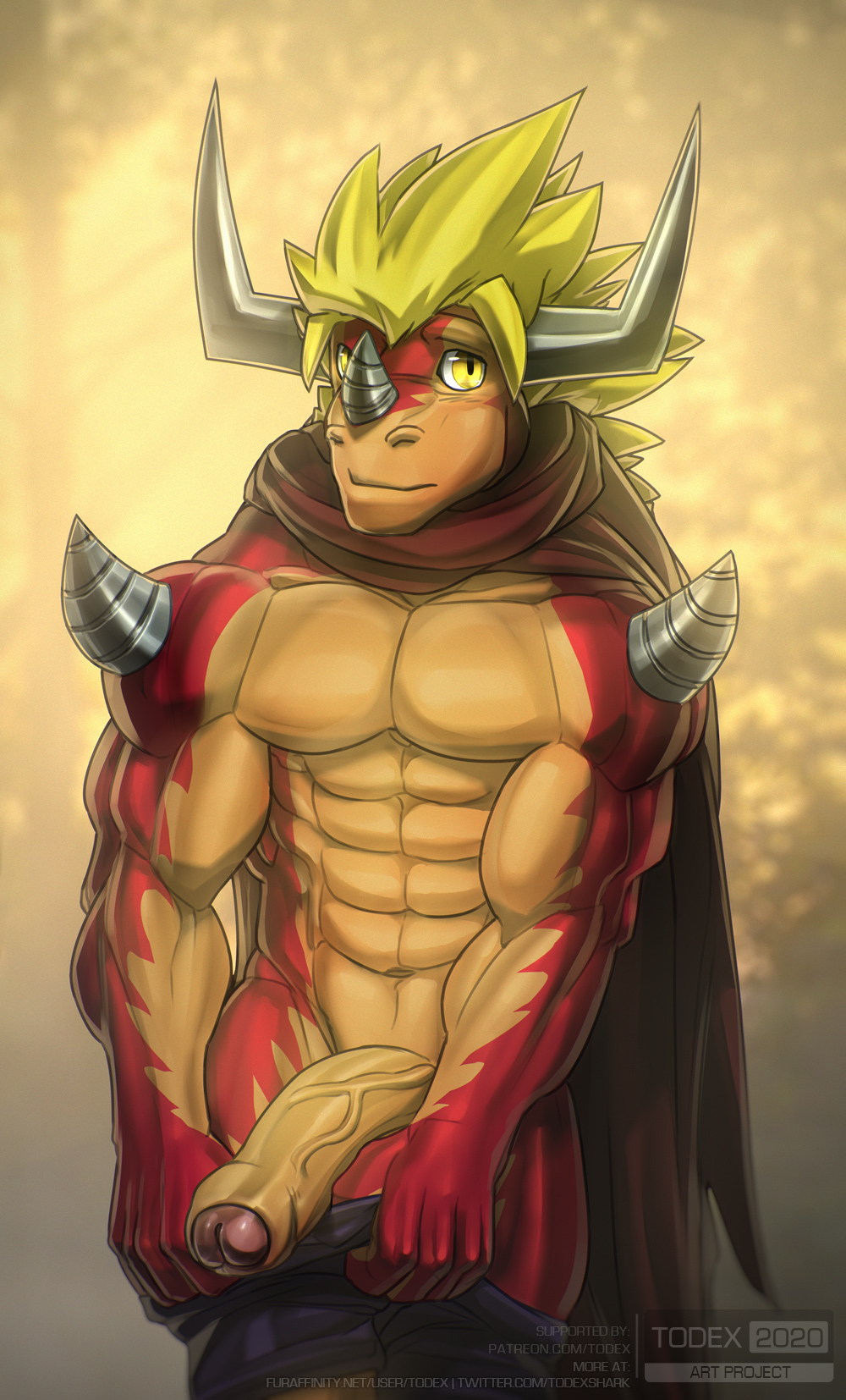 2020 abs anthro big_penis clothed clothing dragon drum_bunker_dragon foreskin future_card_buddyfight genitals half-erect hi_res horn humanoid_genitalia humanoid_penis looking_at_viewer male male_only muscular muscular_anthro muscular_male pecs penis shy solo todex topless uncut undressing vein veiny_penis watermark yellow_eyes