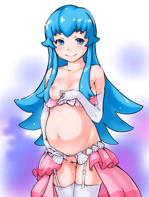 areolae big_belly blue_eyes blue_hair breasts bridal_gauntlets clothing female garter_straps gloves happinesscharge_precure! leg_garter medium_breasts nipples precure pregnant pretty_cure pussy pussy_juice ready_to_pop shirayuki_hime small_breasts stockings thighhighs white_gloves yusaikuyoshi