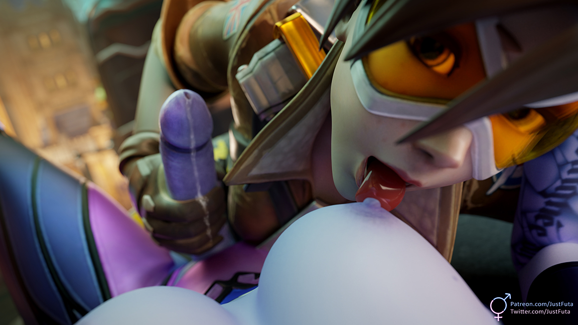 1futa, 1girls, 3d, 3d (artwork), big penis, blender, breast lift, breasts, chronal accelerator, cum, dickgirl, erection, female, female on futa, futa pov, futanari, handjob, harness, human, intersex, justfuta, large breasts, looking at viewer, open mouth, orange-tinted eyewear, overwatch, penis, pov, taker pov, tinted eyewear, tongue, tongue out, tracer, visor, widowmaker