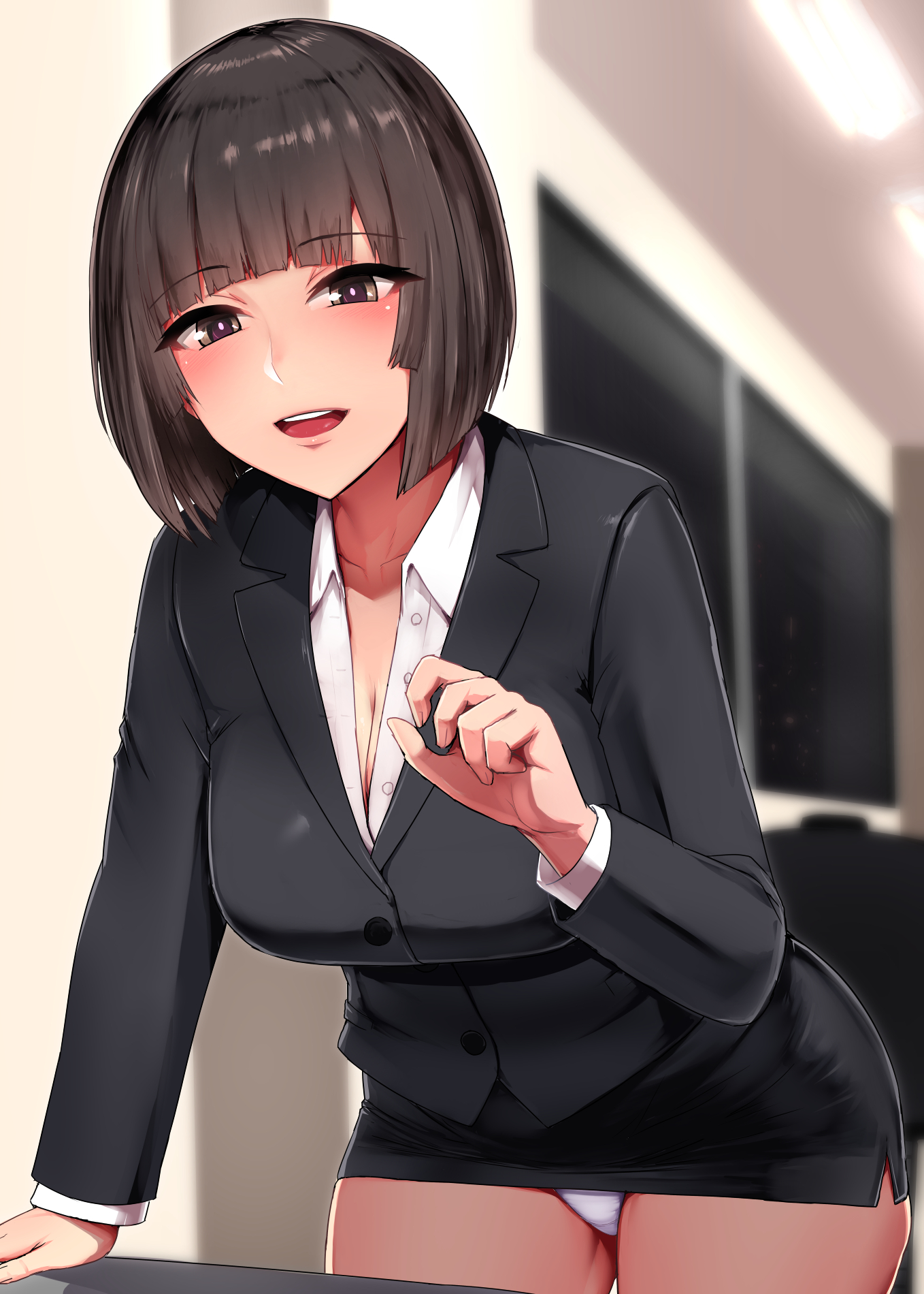 1girls, big breasts, black jacket, black skirt, blouse, blush, bob cut, breasts, business suit, business woman, cleavage, dress shirt, female, female only, hand on table, ishimiso (ishimura), microskirt, night, office, office lady, panties, panty peek, pencil skirt, purple panties, secretary, skirt, smiling, solo, suit, thick thighs, tight skirt, upskirt, white blouse, white shirt