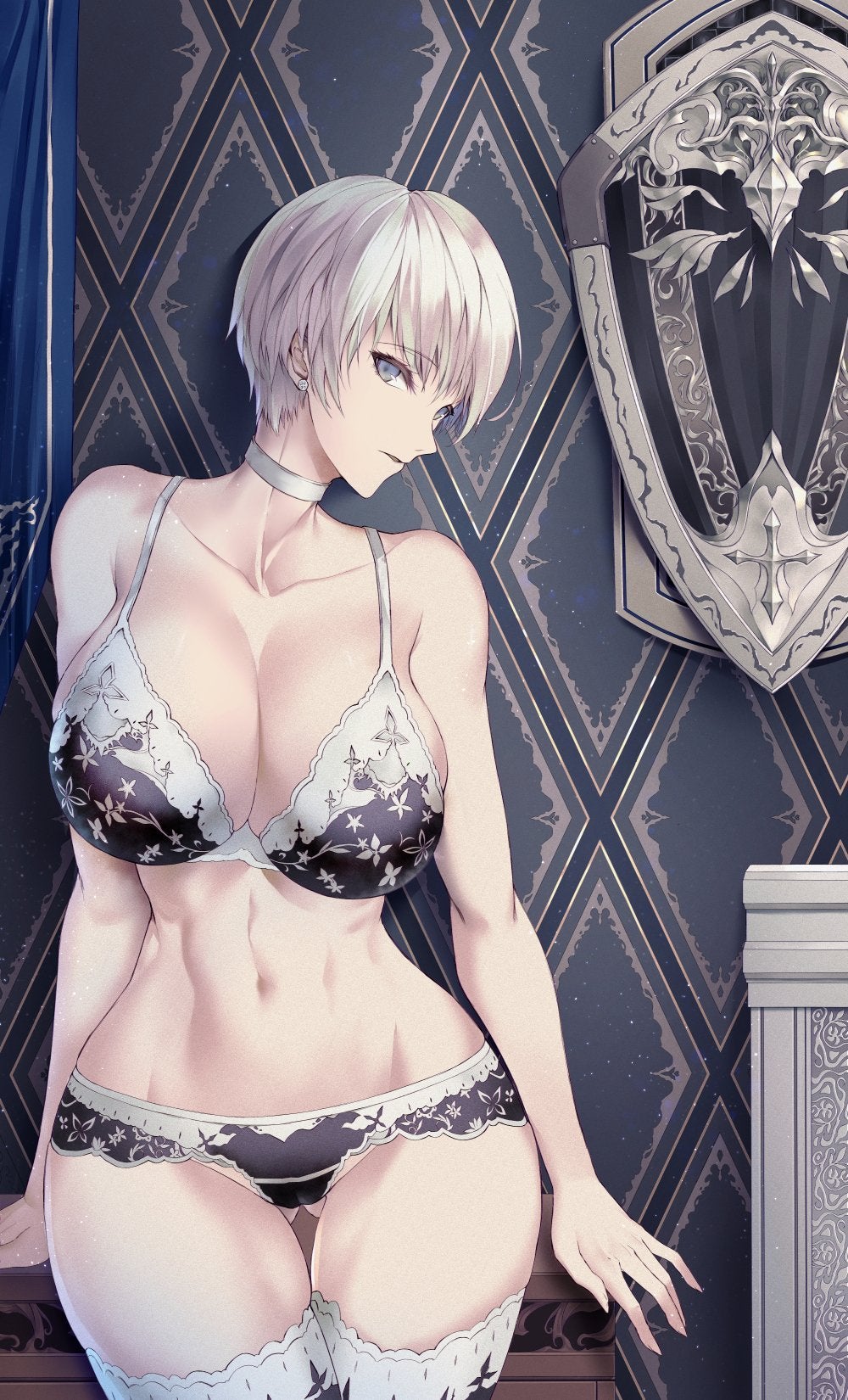 ass visible through thighs, choker, detailed background, limeblock, limesaurus, lingerie, short hair, white hair