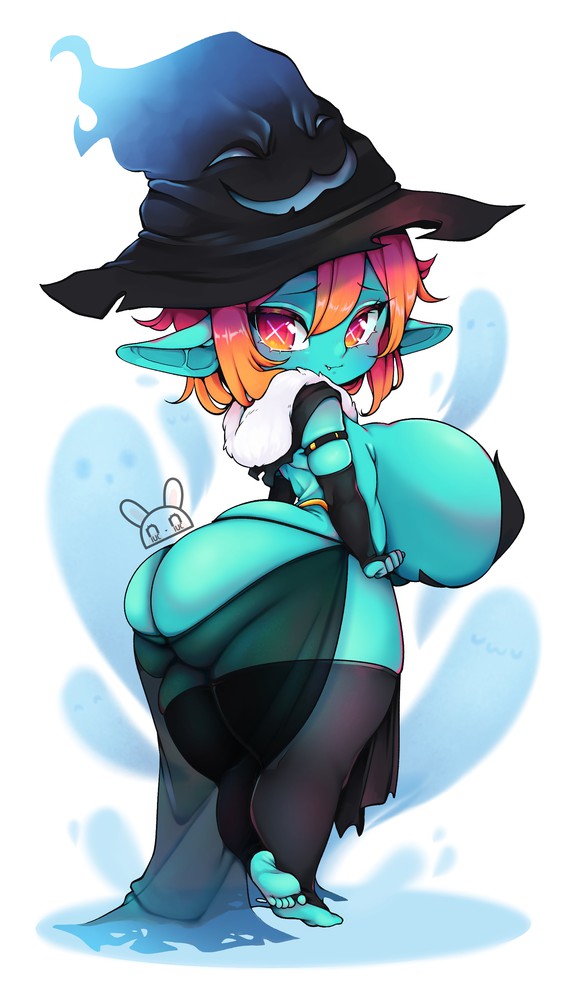 adelia (changbae), ass, ass cleavage, ass crack, breasts, butt crack, changbae, female, goblin, goblin female, huge ass, huge breasts, monster girl, multicolored hair, short hair, shortstack, sideboob, skimpy clothes, smile, thong, witch, witch hat