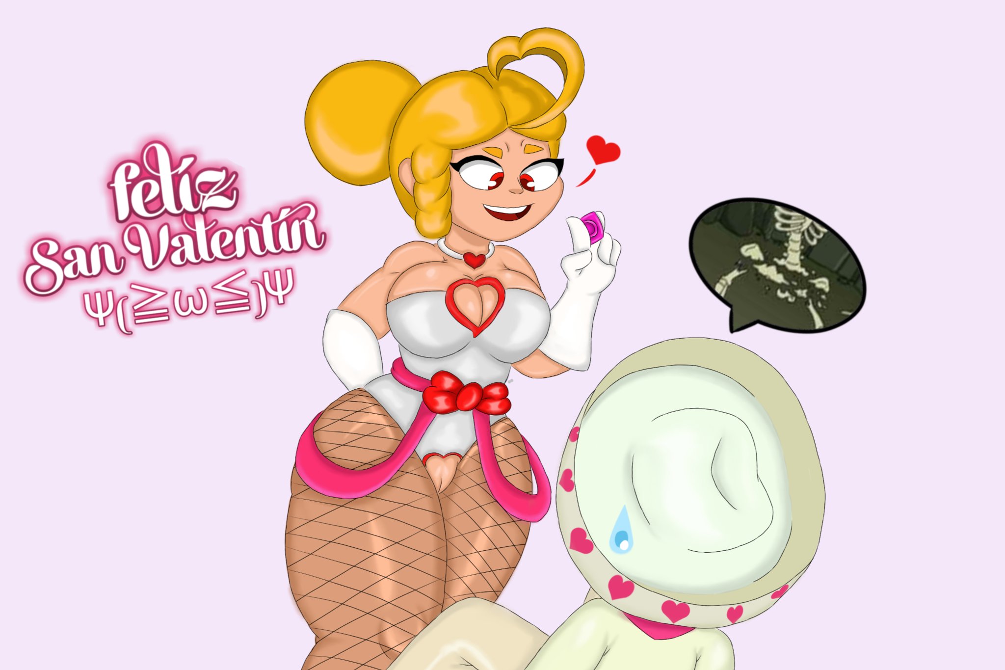 blonde hair, brawl stars, condom, cupid piper, female, fishnet stockings, gloves, jacksito (artist), piper (brawl stars), poco (brawl stars), red eyes, spanish text, supercell, sweatdrop, tagme, thick thighs, translated, valentine's day