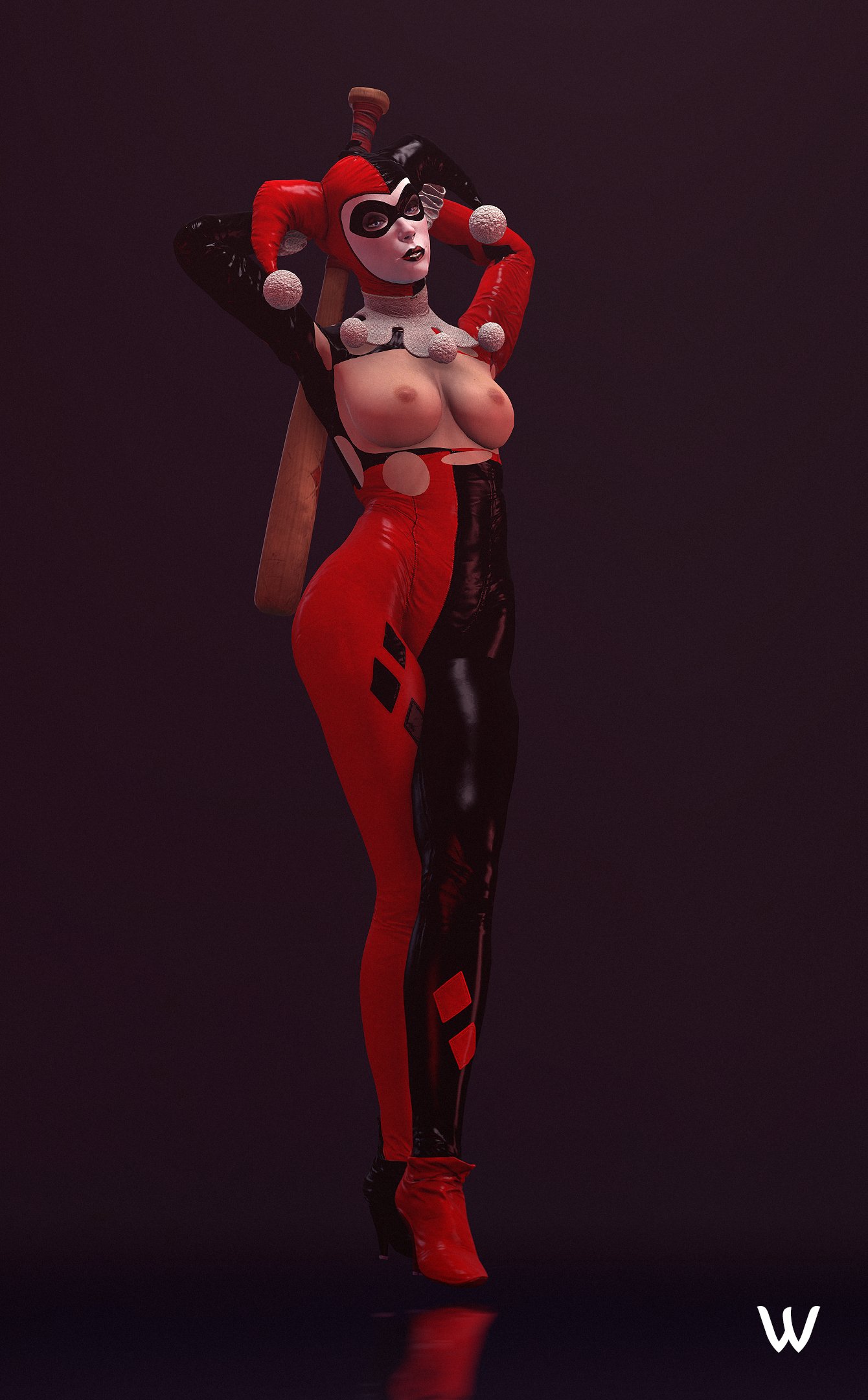 1girls, 3d, action pose, ankle boots, areolae, baseball bat, batman (series), batman: arkham knight, black background, blue eyes, bodysuit, boots, breasts, dc, dc comics, exposed breasts, eyelashes, eyeliner, eyeshadow, female, female only, full body, harley quinn, harley quinn (arkham knight), harley quinn (arkham), harley quinn (classic), high heels, hourglass figure, lipstick, makeup, mascara, medium breasts, nipples, pose, posing, solo, standing, tagme, torn bodysuit, torn clothing, wide hips, wildynsfw