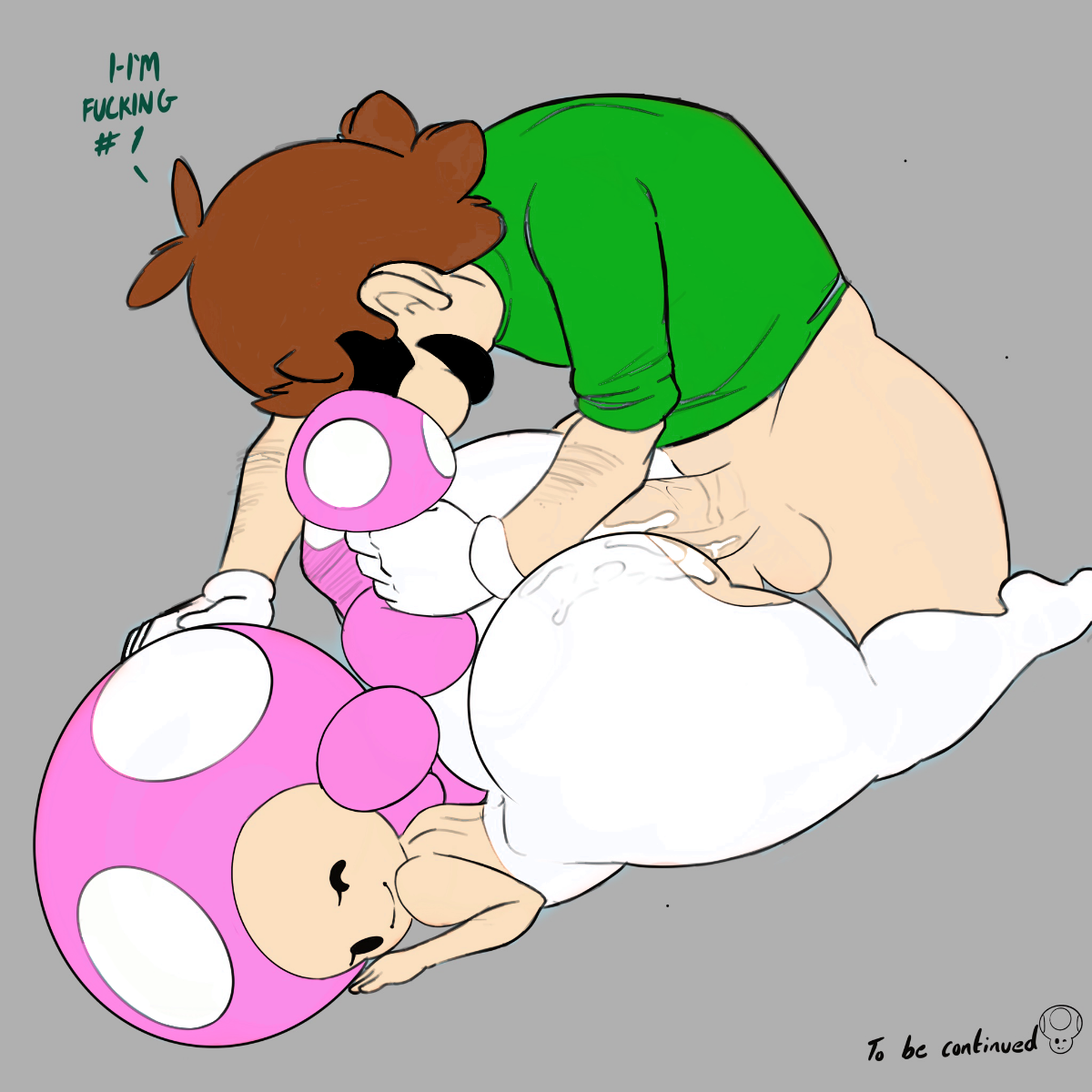 1boy, 1girls, ass, balls, big ass, bottomless, clothing, color edit, colored, cum, cum inside, curvy, edit, edited, english text, female, gloves, grey background, hair grab, hair pull, huge ass, large ass, long sleeves, looking at another, looking back, luigi, lyn nyl, male, mario (series), moustache, nintendo, one eye closed, pants, penis, sex, shirt, shortstack, simple background, smile, testicles, text, thick, thick thighs, thighs, toadette, topless, twintails, wide hips, wink