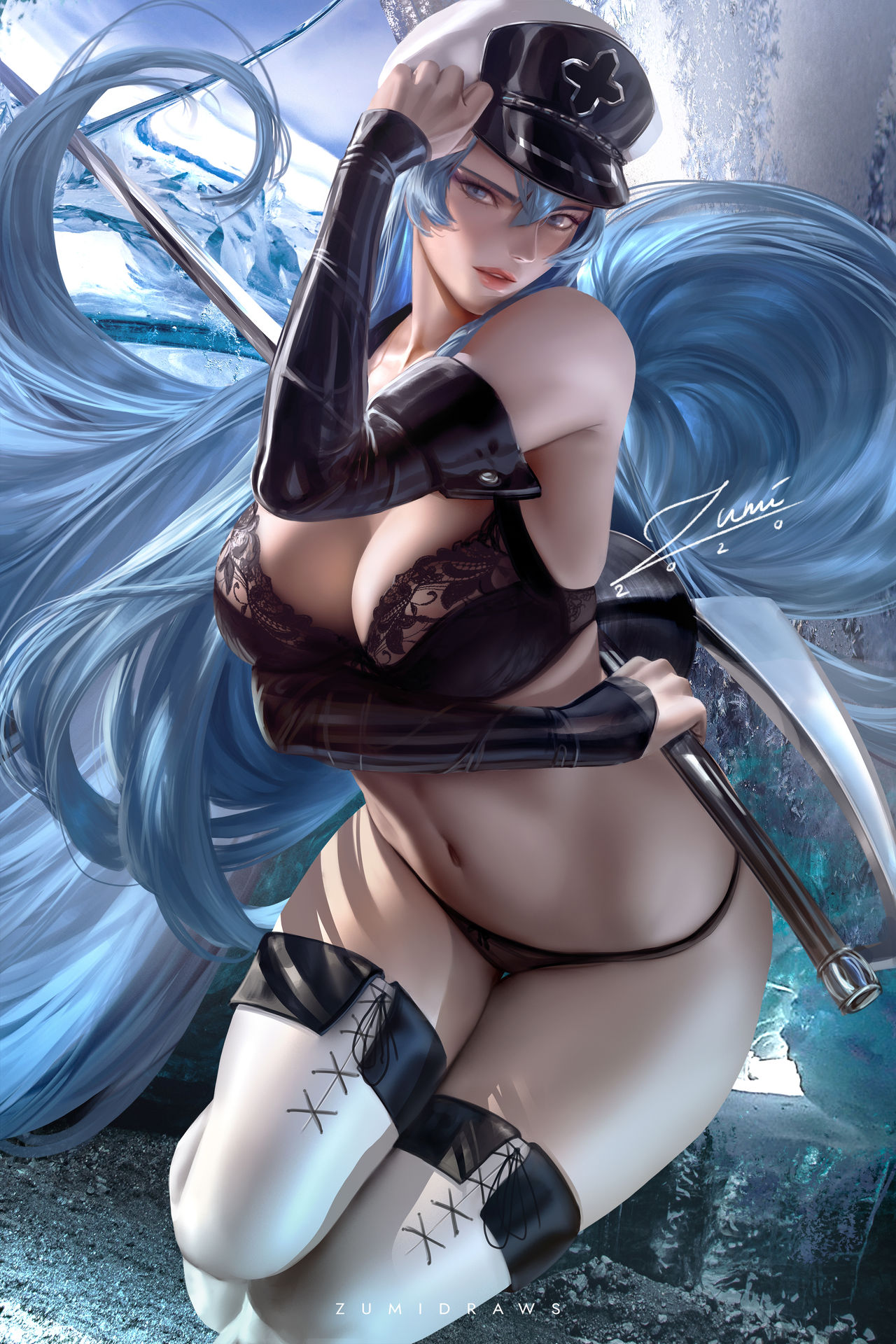 akame ga kill!, blue hair, bra, esdeath (akame ga kill!), female, panties, zumi