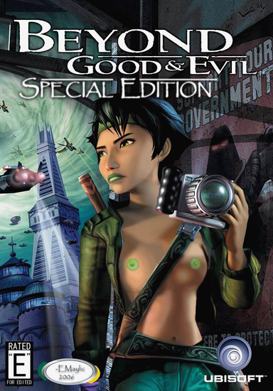 asian belt beyond_good_and_evil breasts camera casual clothing cover_art dark_skin edit electronics female green_eyes green_lipstick green_nails handwear harness headband headwear human jacket jade_(beyond_good_and_evil) outerwear reporter staff tagme weapon