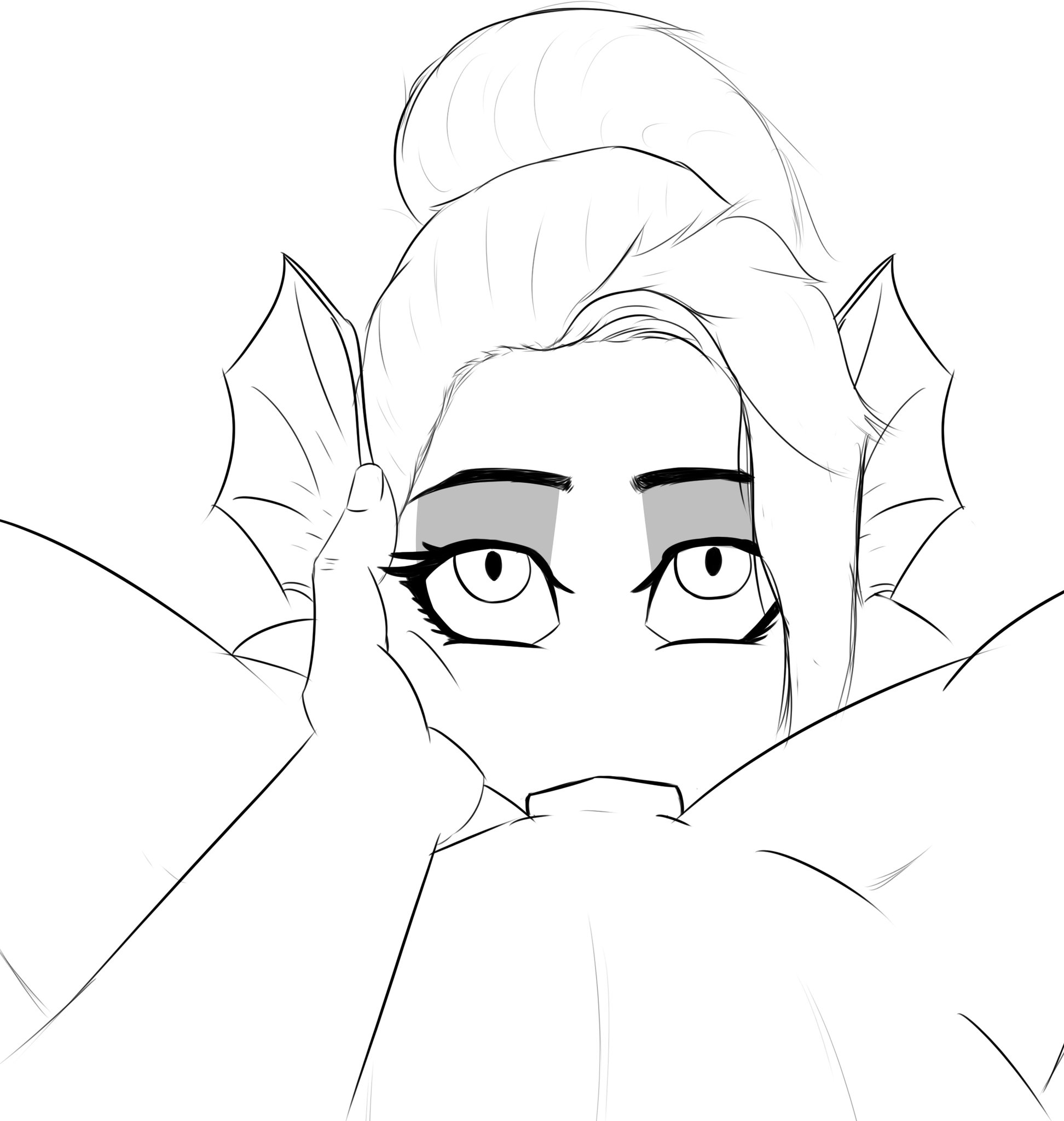 :>=, 1boy, 1girls, artist request, blowjob, deepthroat, duo, fellatio, female, female focus, hand on cheek, holding face, looking at viewer, male, male pov, male/female, monochrome, mrdroned, oral, oral penetration, oral sex, penis, pov, puppy eyes, straight, undertale, undyne, unseen male face