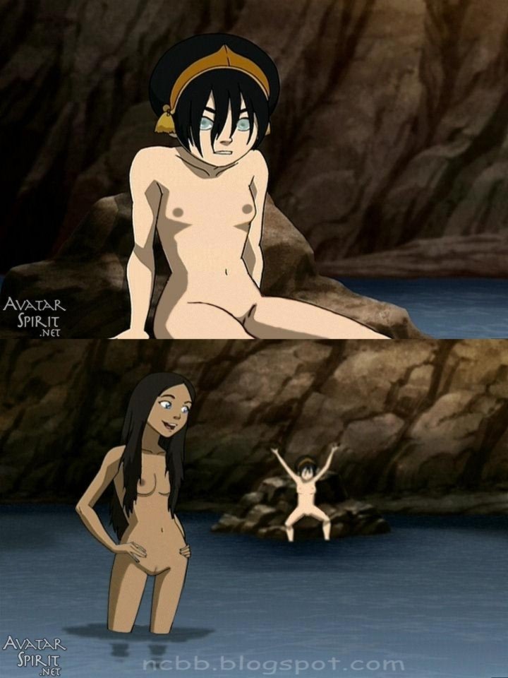 avatar_the_last_airbender breasts casual color dark-skinned_female dark_skin earth_kingdom exposed_breasts female female_only flat_chest human katara multiple_females multiple_girls ncbb nickelodeon outdoors small_breasts straight_hair toph_bei_fong water water_tribe young