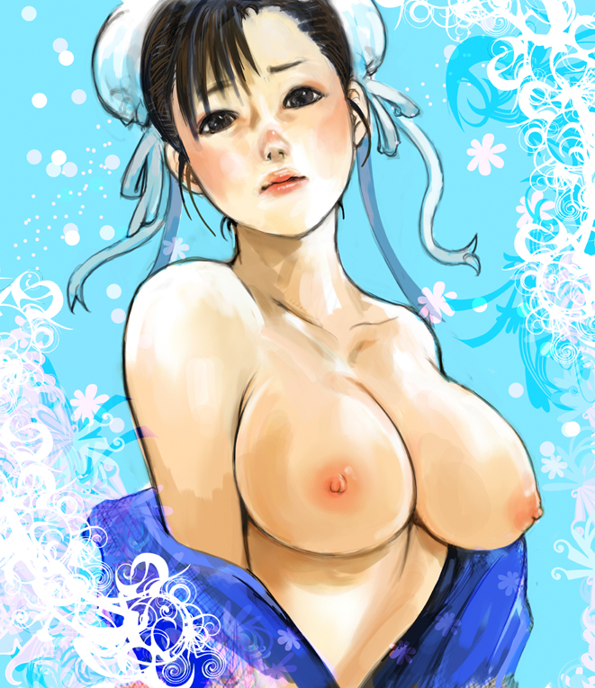 breasts brown_eyes capcom chun-li female female_only human kazaana nipples solo straight_hair street_fighter