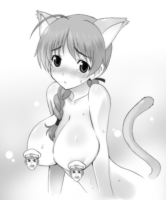 animal_ears blush breasts bust cat_ears censored huge_breasts kyogoku_shin kyougoku_shin large_breasts lynette_bishop monochrome nude strike_witches tail topless