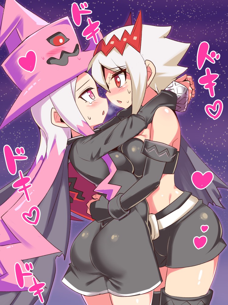 2girls ass_in_dress beltskirt black_dress black_skirt blush breast_press cougar1404 dat_ass dragon_marked_for_death dress dress_inside_ass empress_(dmfd) hug hugging imminent_kiss inti_creates japanese_text long_hair love microskirt minidress multiple_girls night pink_eyes red_eyes romantic short_hair skirt white_hair witch_(dmfd) yuri