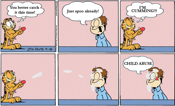 2boys accurate_art_style comic cum_on_face cumshot duo ejaculation english_text garfield_(series) garfield_the_cat jon_arbuckle male male_only newspaper_comic_strip text yaoi