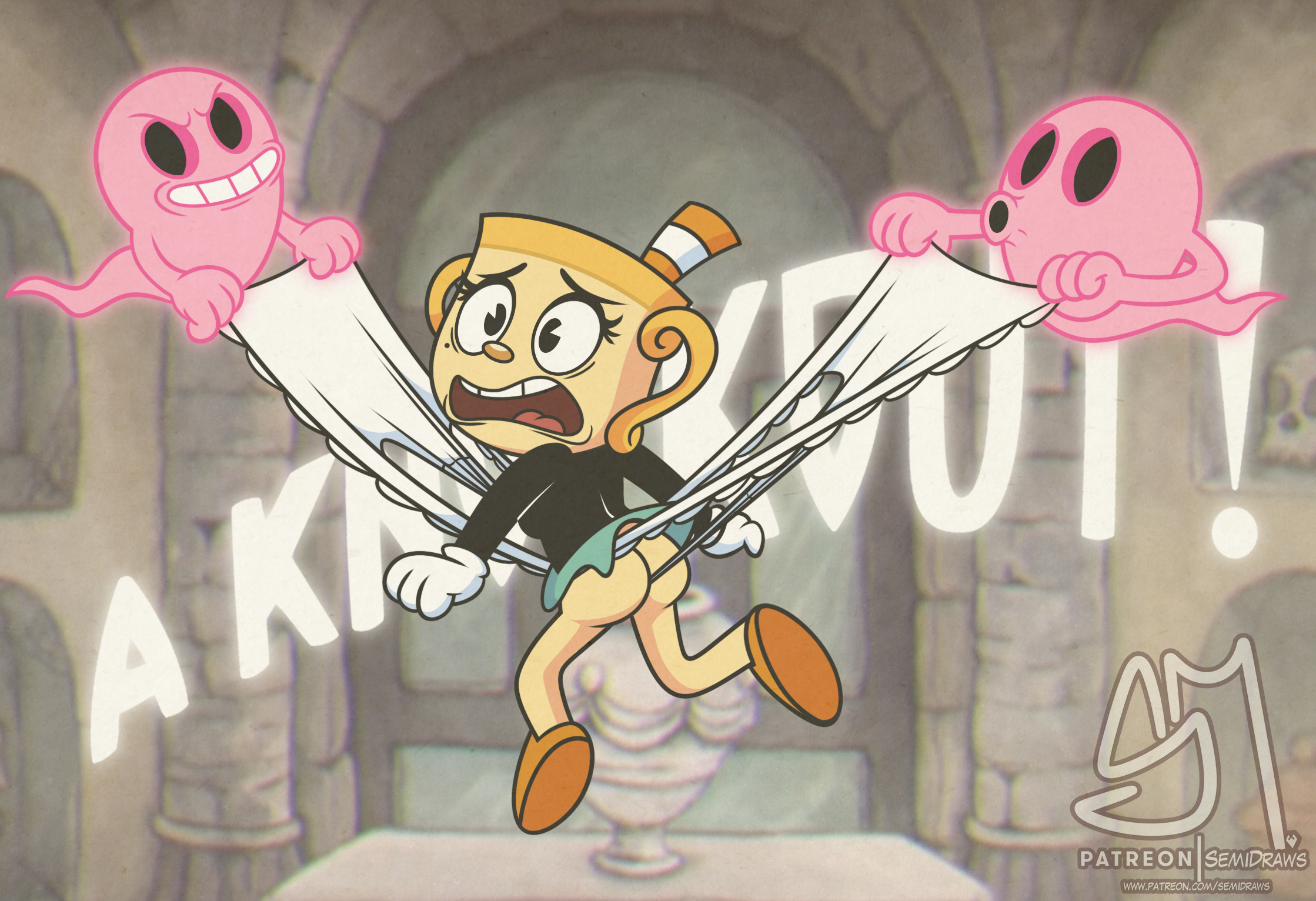 1girls, ass, cuphead (game), cuphead: the delicious last course, female, female only, footwear, handwear, hanging wedgie, ms. chalice, pac-man eyes, panties, panty pull, semidraws, skirt, suspension, wedgie, wedgie fetish, white panties