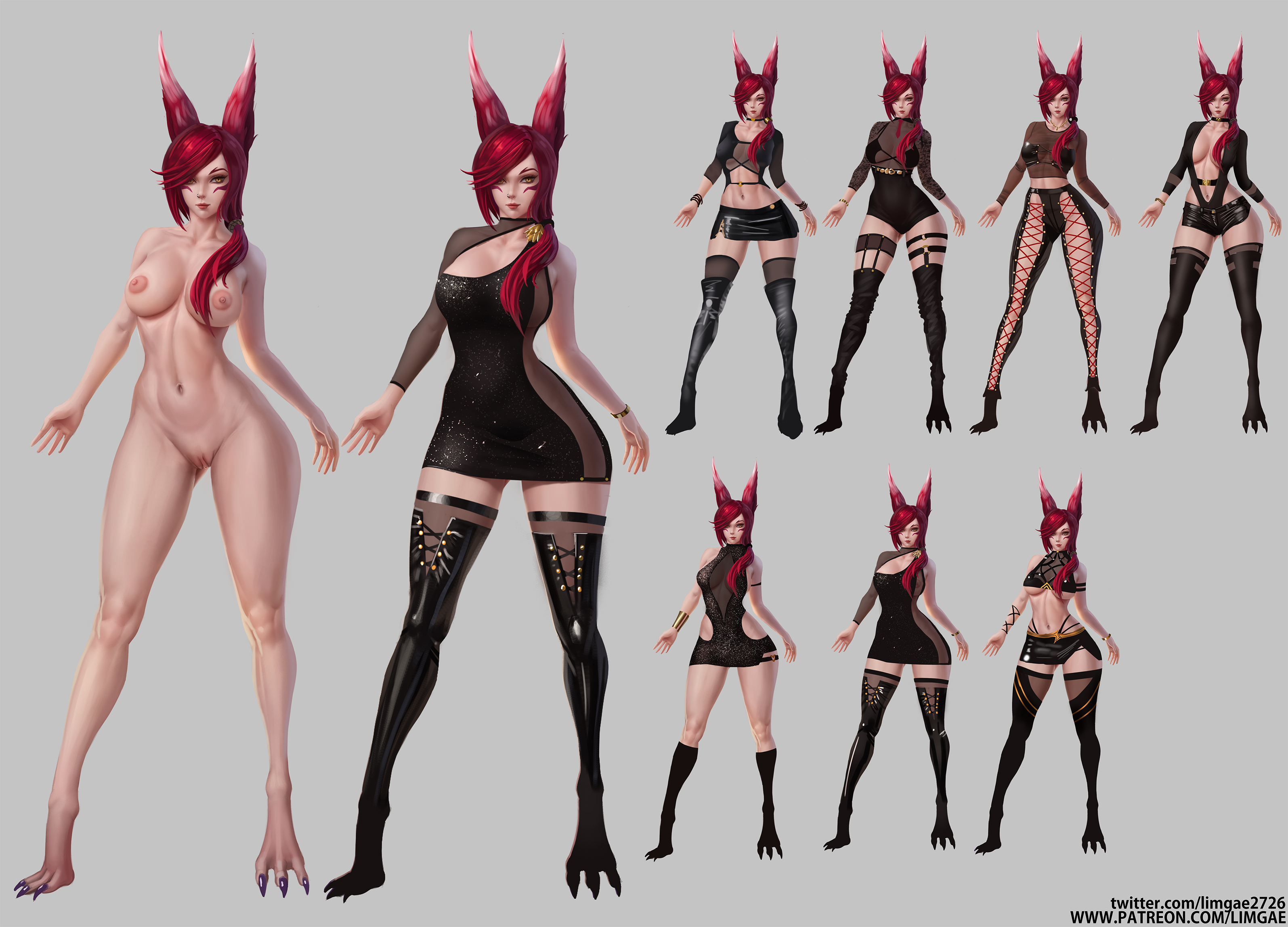 1girls, 2020, animal ears, animal tail, areolae, bird feet, breasts, cleft of venus, clothing, comparison, female, female only, full body, highres, large breasts, latex, league of legends, limgae, looking at viewer, nipples, nude, ponytail, purple toenails, pussy, red hair, riot games, see-through, solo, tights, vastaya, xayah, yellow eyes