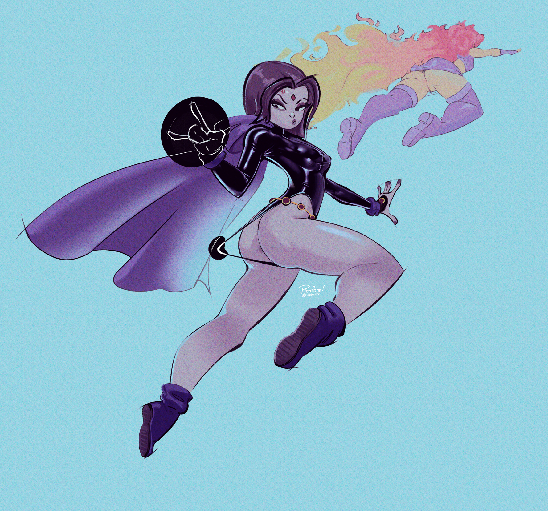 2girls, big ass, bodysuit, boots, cape, clothes pull, dc comics, exposed pussy, flying, forehead jewel, irritated, jewel, jewelry, latex, no panties, panties pull, pinafore (artist), raven (dc), skirt, starfire, superhero costume, superheroine, teen titans, telekinesis, thick thighs, tight clothing, wedgie