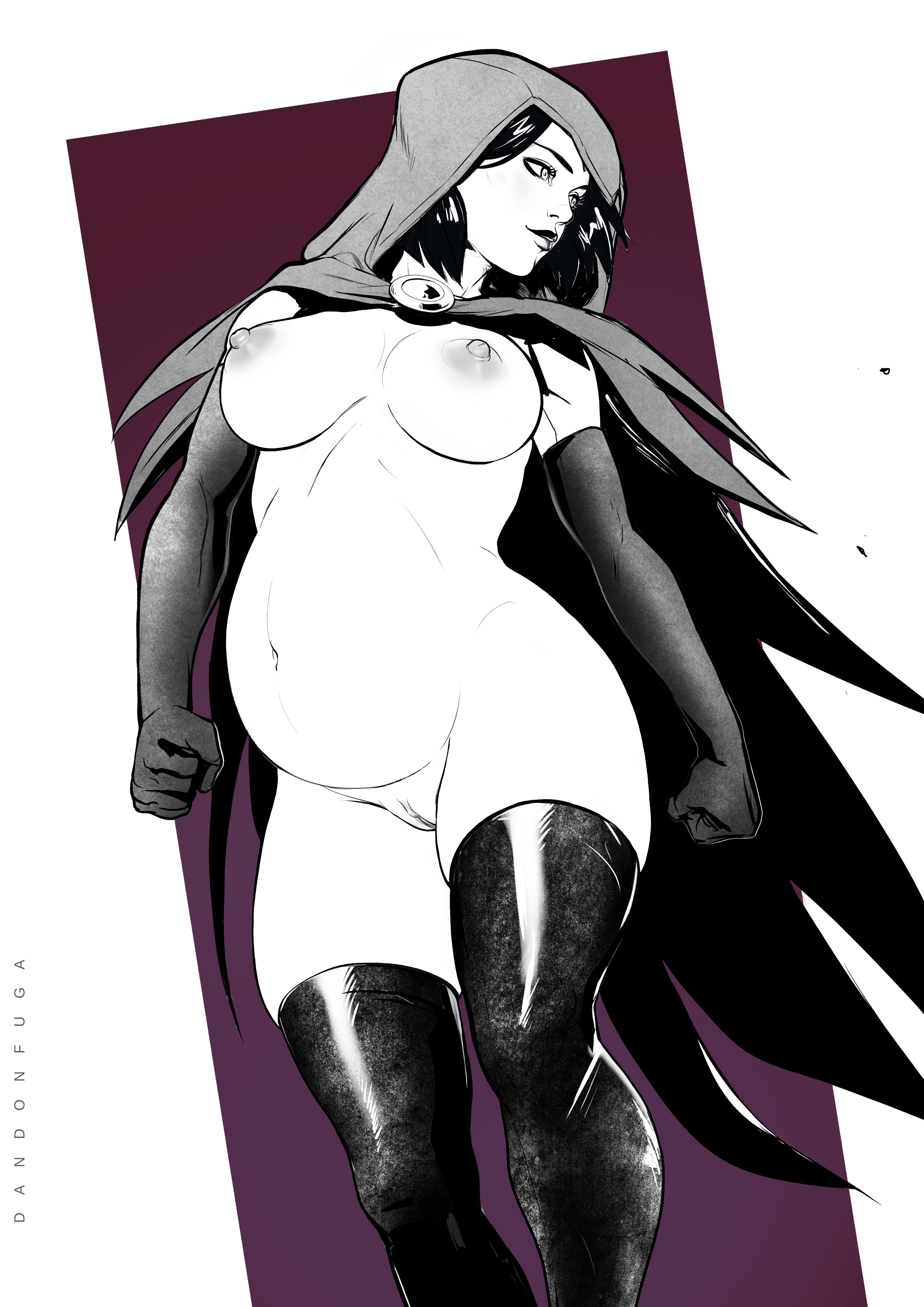 1girls, absurd res, areolae, arm gloves, big belly, black and white, breasts, cape, child bearing hips, dandon fuga, dc, dc comics, female, female only, gloves, hood, large breasts, looking away, nipples, nude, pregnant, pussy, rachel roth, raven (dc), ready to pop, short hair, smile, teen titans, thighhighs