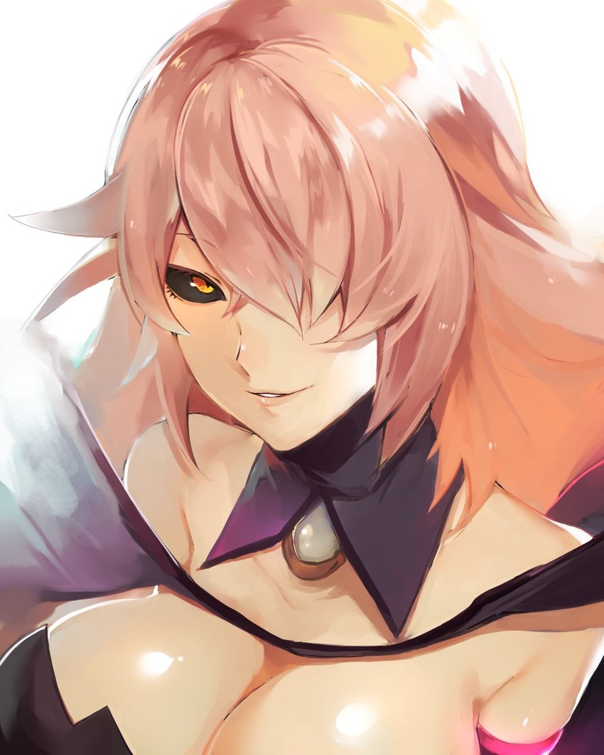 1girls, absurdres, auburn hair, bangs, bare shoulders, black sclera, blazblue, blazblue: central fiction, breasts, clothed, clothed female, clothes, clothing, collar, detached collar, detached sleeves, elbow gloves, evil eyes, female, female focus, female only, hair over one eye, happy, highres, konoe a mercury, large breasts, long hair, looking at viewer, lor (roasyerizyonirapi), messy hair, milf, nine the phantom, nipple covers, pink hair, sharp fingernails, shiny skin, slit pupils, smiling, smiling at viewer, smirk, solo, solo female, solo focus, witch, yellow eyes