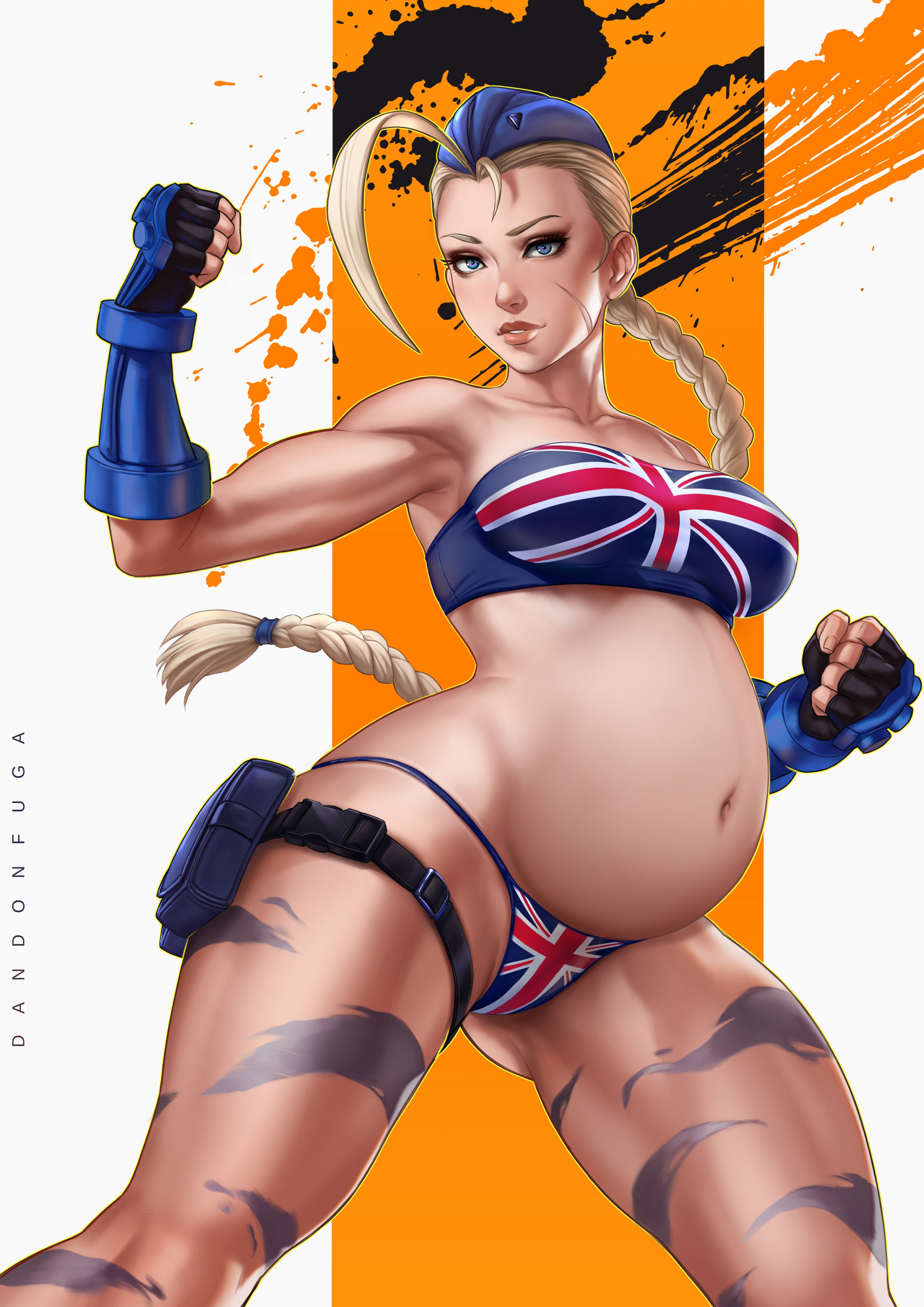 1girls, absurd res, big belly, bikini, blonde hair, blue eyes, bodypaint, braid, braided hair, breasts, cammy white, dandon fuga, female, female only, fingerless gloves, gloves, large breasts, long hair, looking at viewer, pregnant, ready to pop, scar, scar on cheek, smile, street fighter, thigh pouch, union jack, union jack bikini
