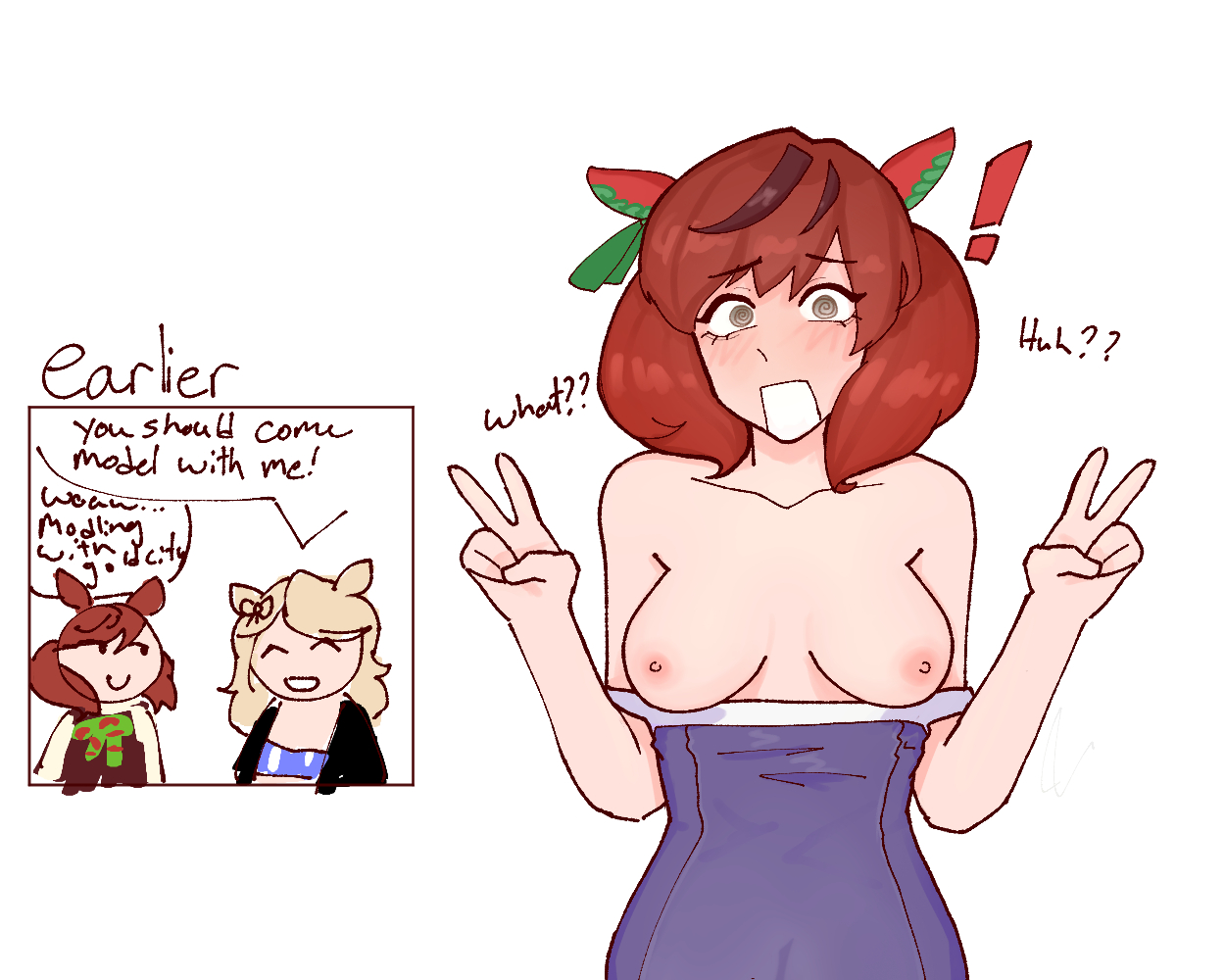 brown hair, clothing pull, embarrassed, exposed breasts, exposed nipples, gold city (umamusume), gray eyes, nice nature (umamusume), nukedchutoo, partially clothed, peace sign, suprised, swimsuit, umamusume, umamusume pretty derby