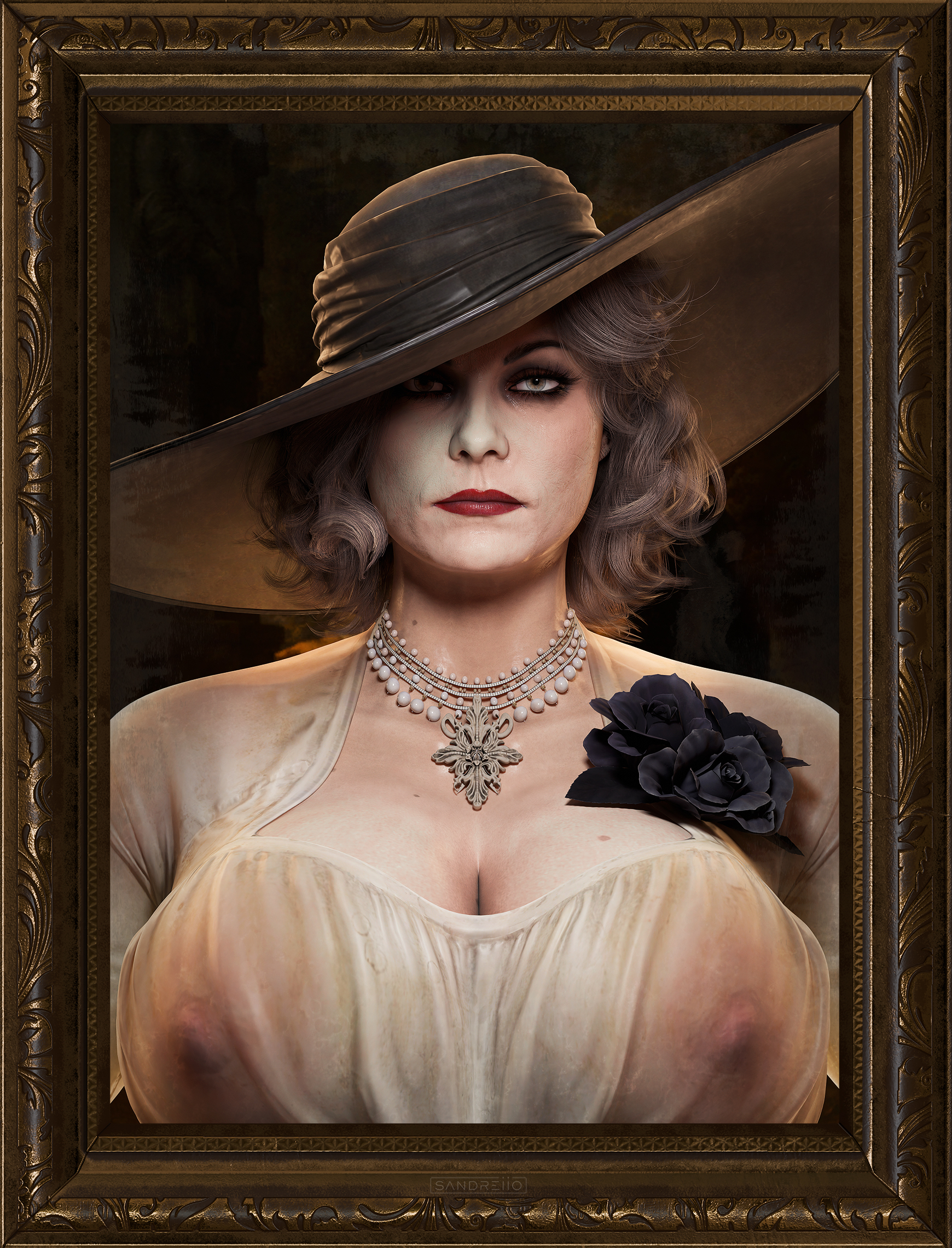 1girls, 2026, 3d, alcina dimitrescu, big areola, big boobs, big breasts, black hat, cleavage, dark red lipstick, dress, female, female focus, female only, frame, framed picture, lipstick, looking at viewer, mature female, milf, necklace, nipples, nipples visible through clothing, pale skin, pale-skinned female, pearl necklace, photo, portrait, portrait (object), resident evil, resident evil 8: village, sandreiio, white dress