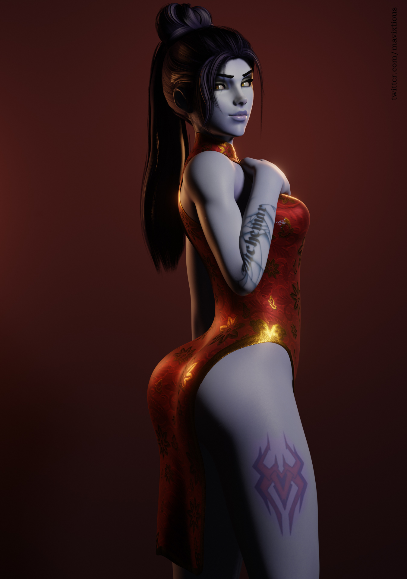 1girls, 3d, arched back, ass, big ass, blender, breasts, dress, female, female only, looking at viewer, looking back, mavixtious, overwatch, smile, solo, solo female, teasing, widowmaker